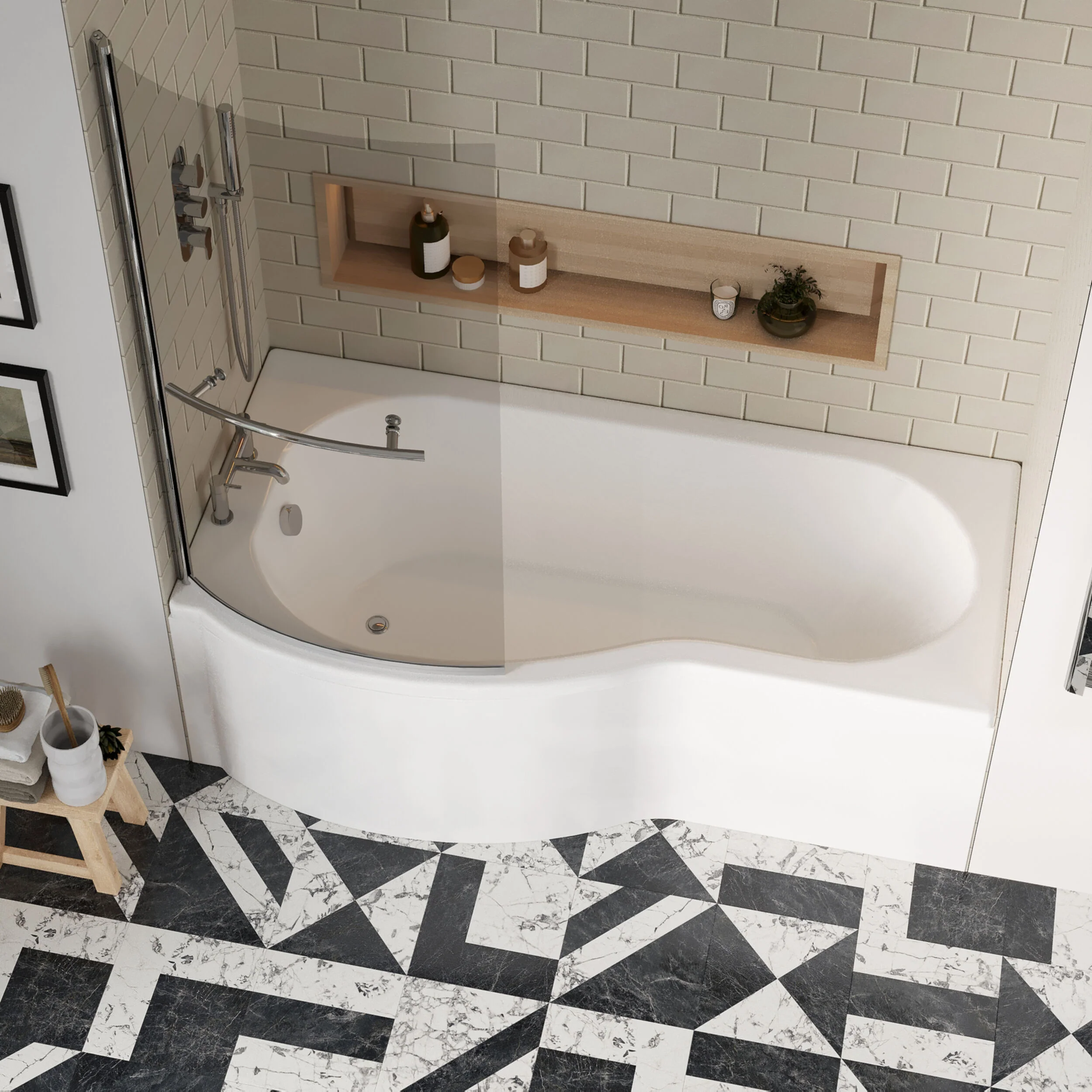 P Shape 1700x850 Left Hand Shower Bath Set - Front Panel, Chrome Curved P Bath Screen with Towel Rail & Leg Set - Image 3