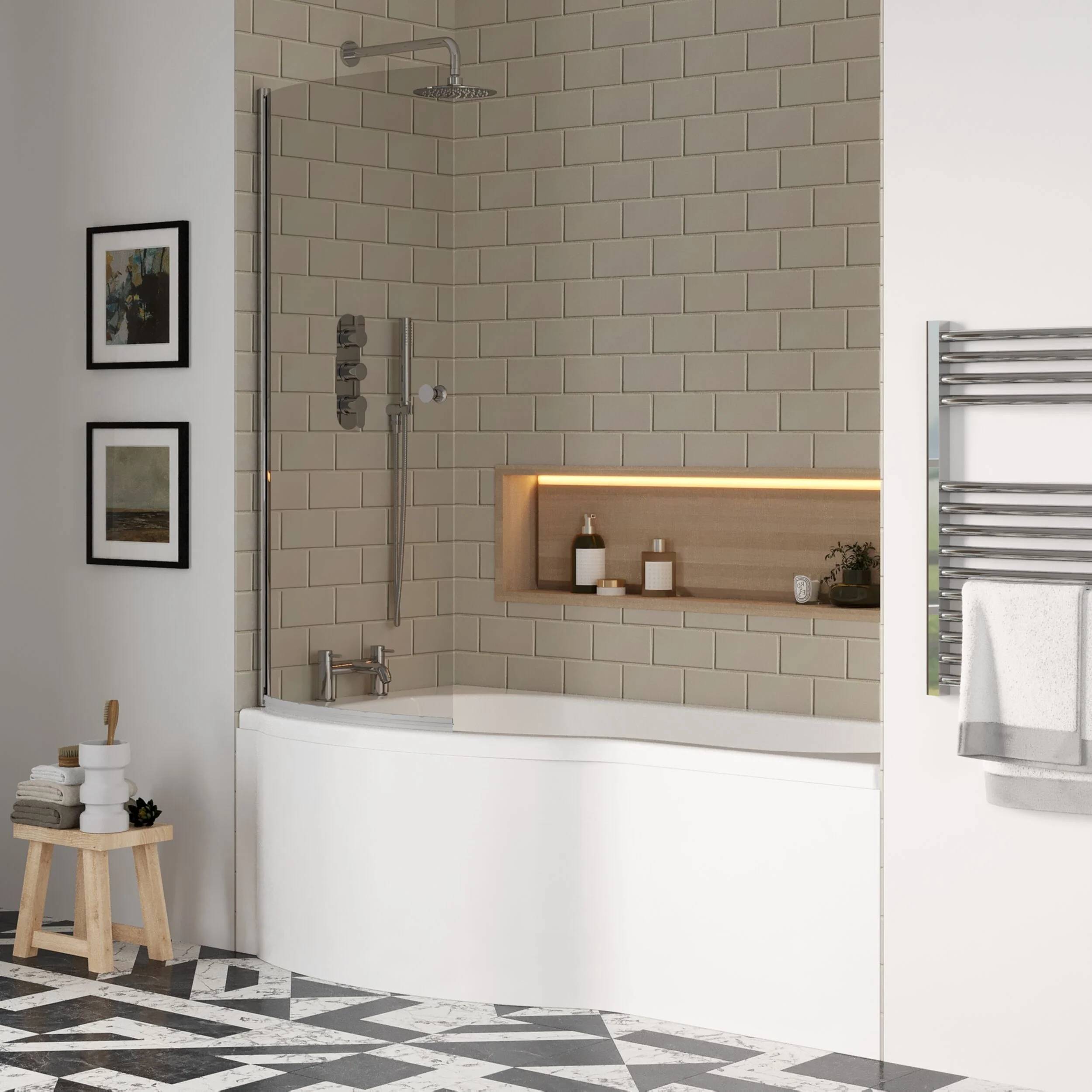 P Shape 1700x850 Left Hand Shower Bath Set - Squared Front Panel, Curved P Bath Screen with Knob & Leg Set - Image 4