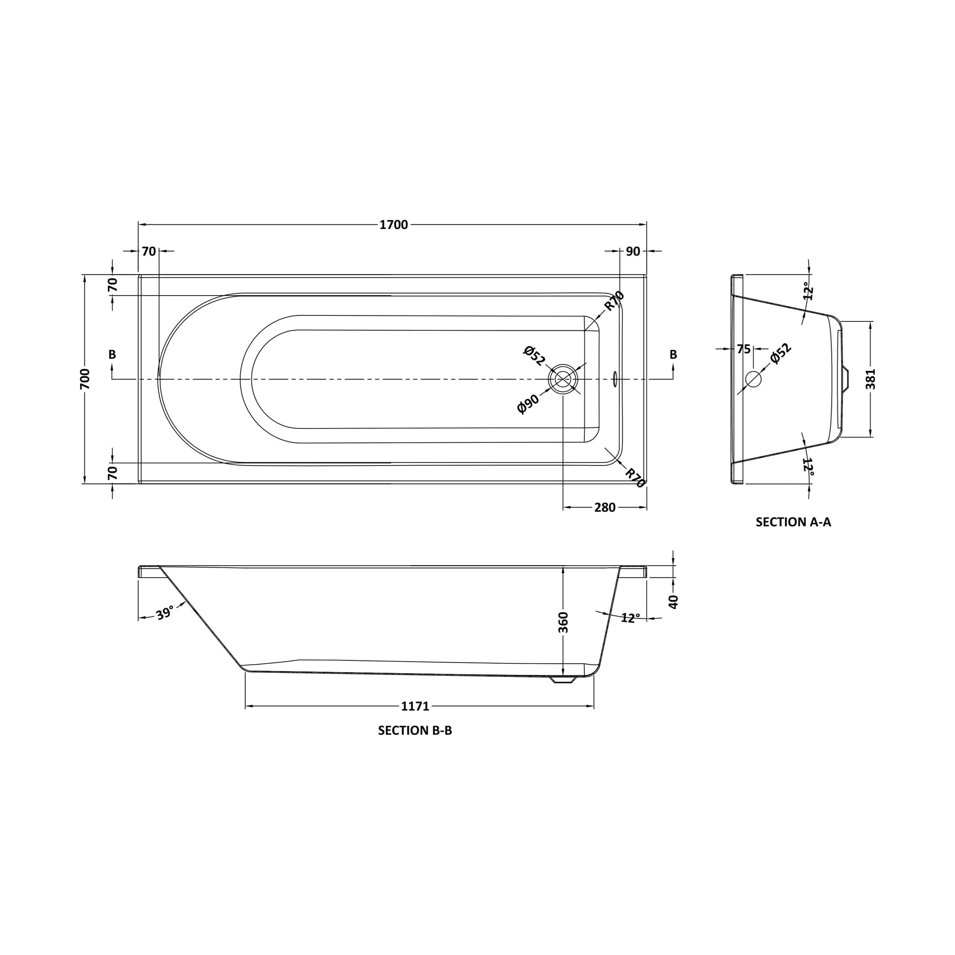 Round Single Ended 1700x700 Shower Bath Set - Front Panel, Chrome Square Hinged Screen & Leg Set - Image 2