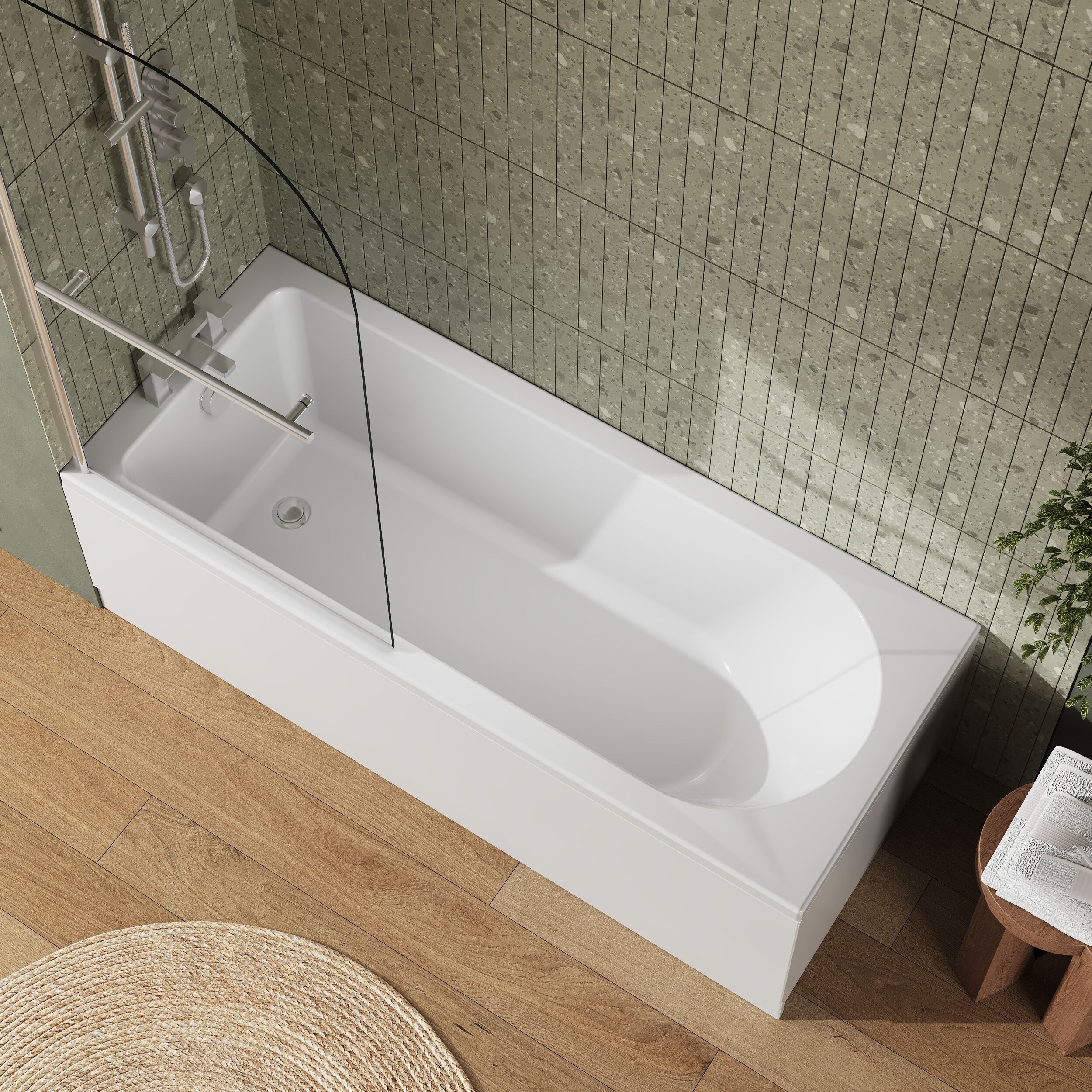 Round Single Ended 1700x700 Shower Bath Set - Front Panel, Chrome Straight Bath Screen with Towel Rail & Leg Set - Image 3
