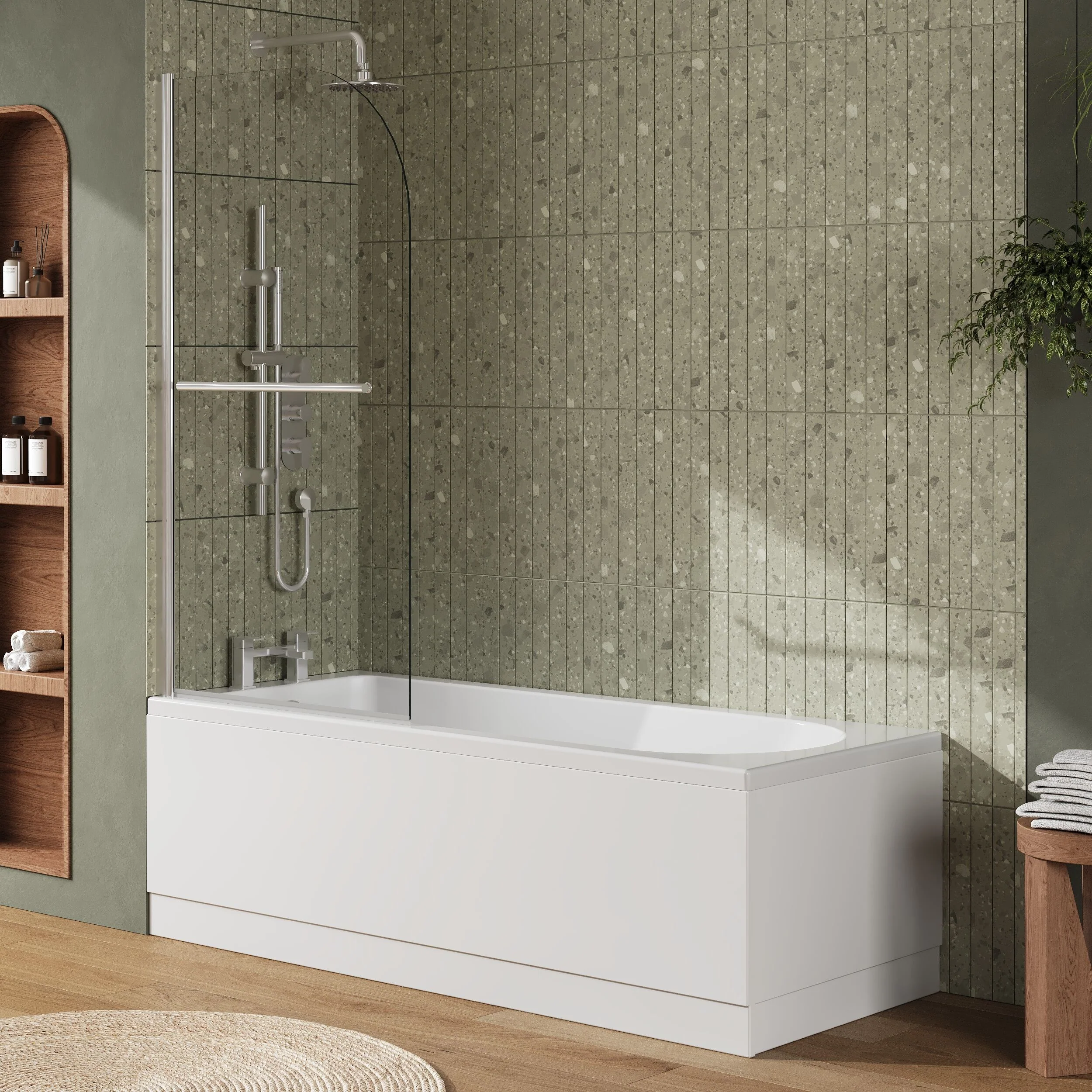 Round Single Ended 1700x700 Shower Bath Set - Front Panel, Chrome Straight Bath Screen with Towel Rail & Leg Set - Image 4