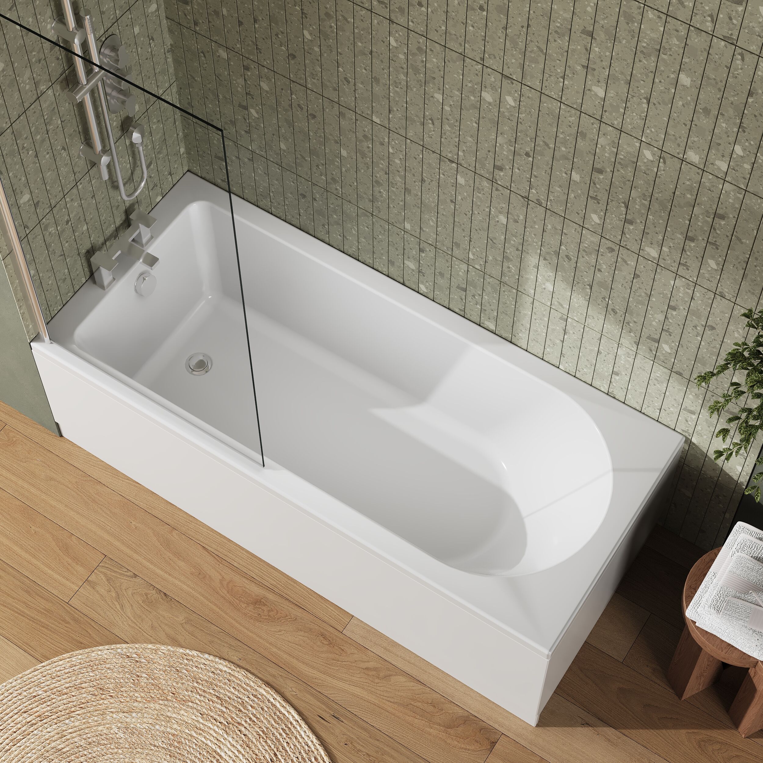 Round Single Ended 1700x750 Shower Bath Set - Front Panel & Chrome Screen - Image 3