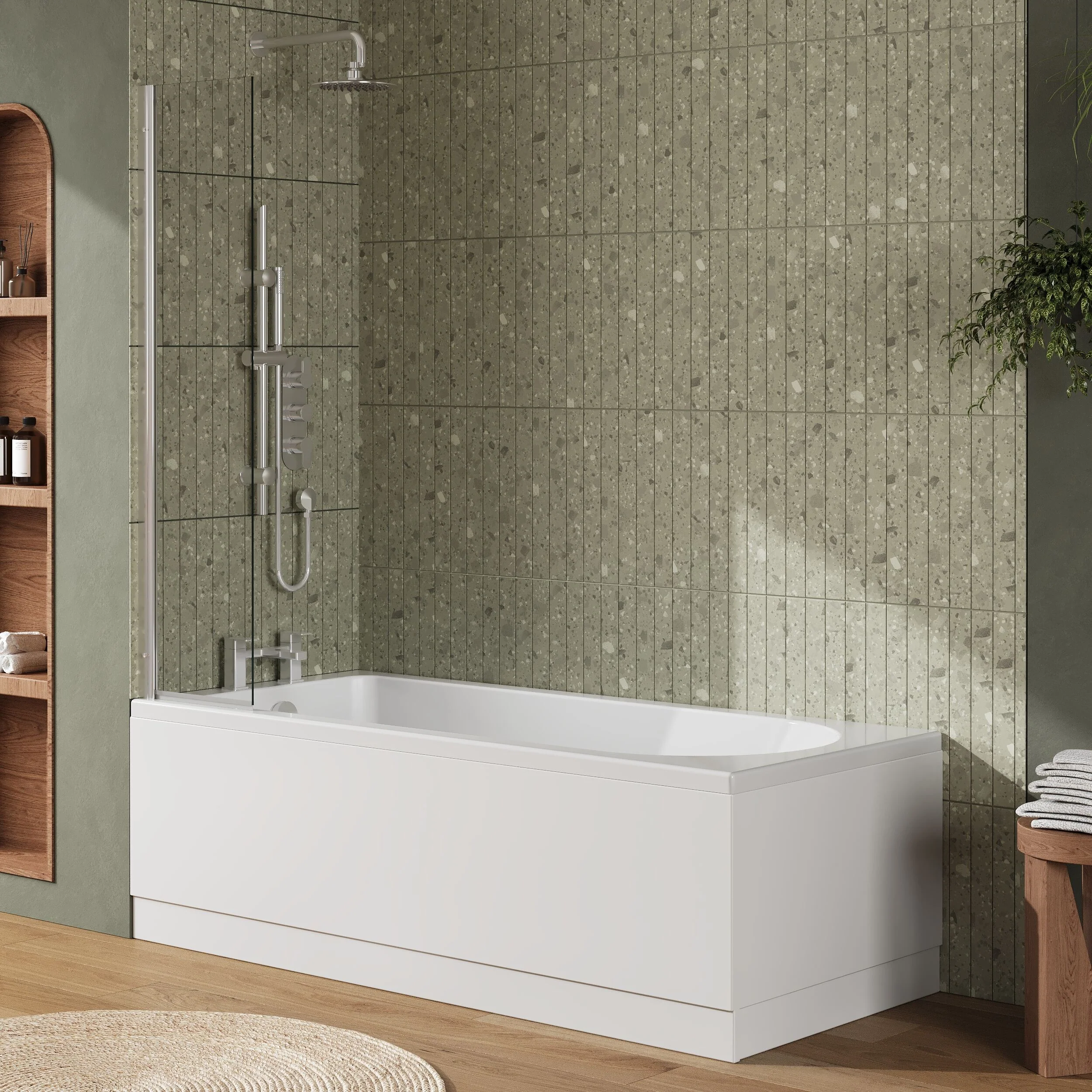 Round Single Ended 1700x750 Shower Bath Set - Front Panel, Chrome Fixed Bath Screen & Leg Set (End panel not included) - Image 4