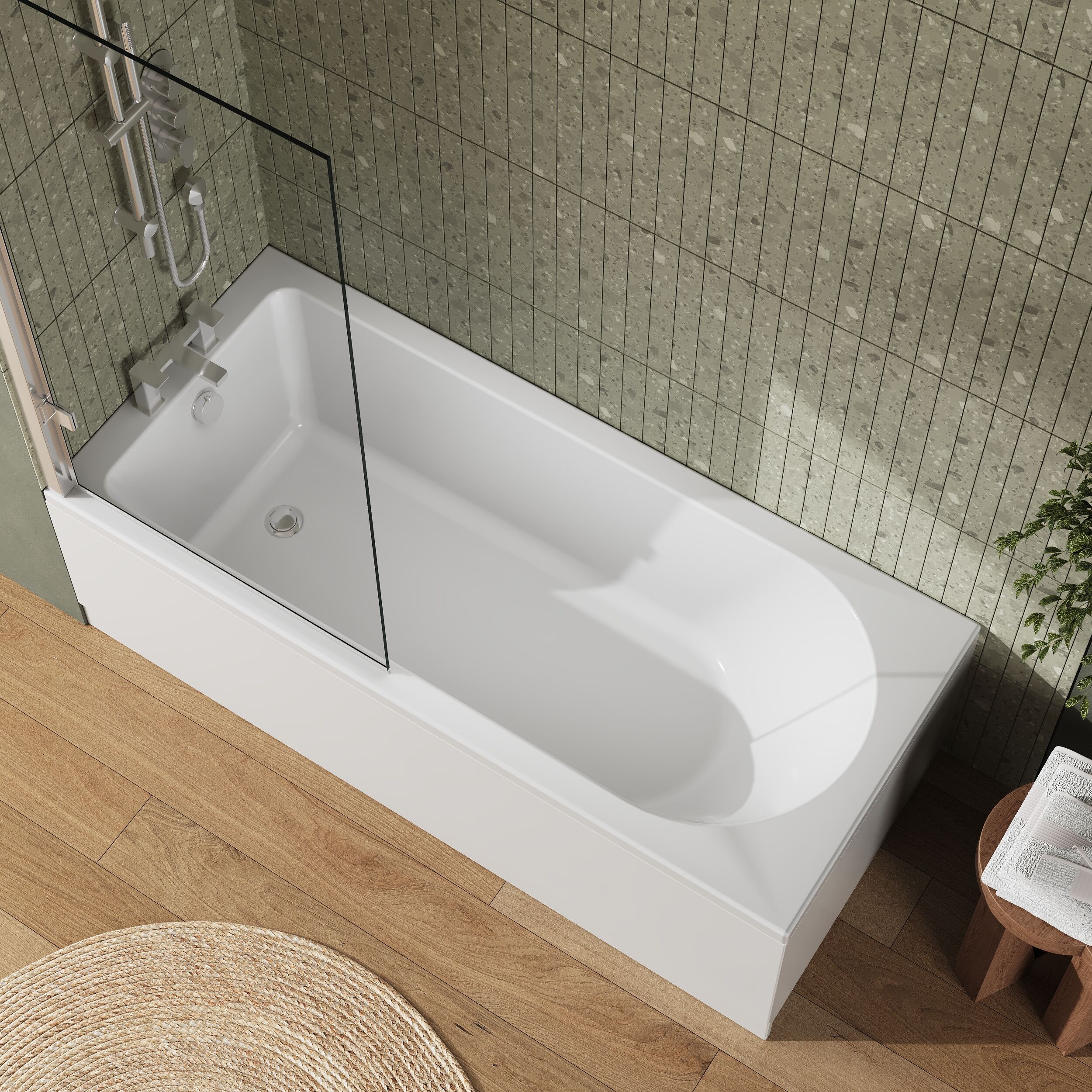 Round Single Ended 1700x750 Shower Bath Set - Front Panel, Hinged Screen - Chrome - Image 3