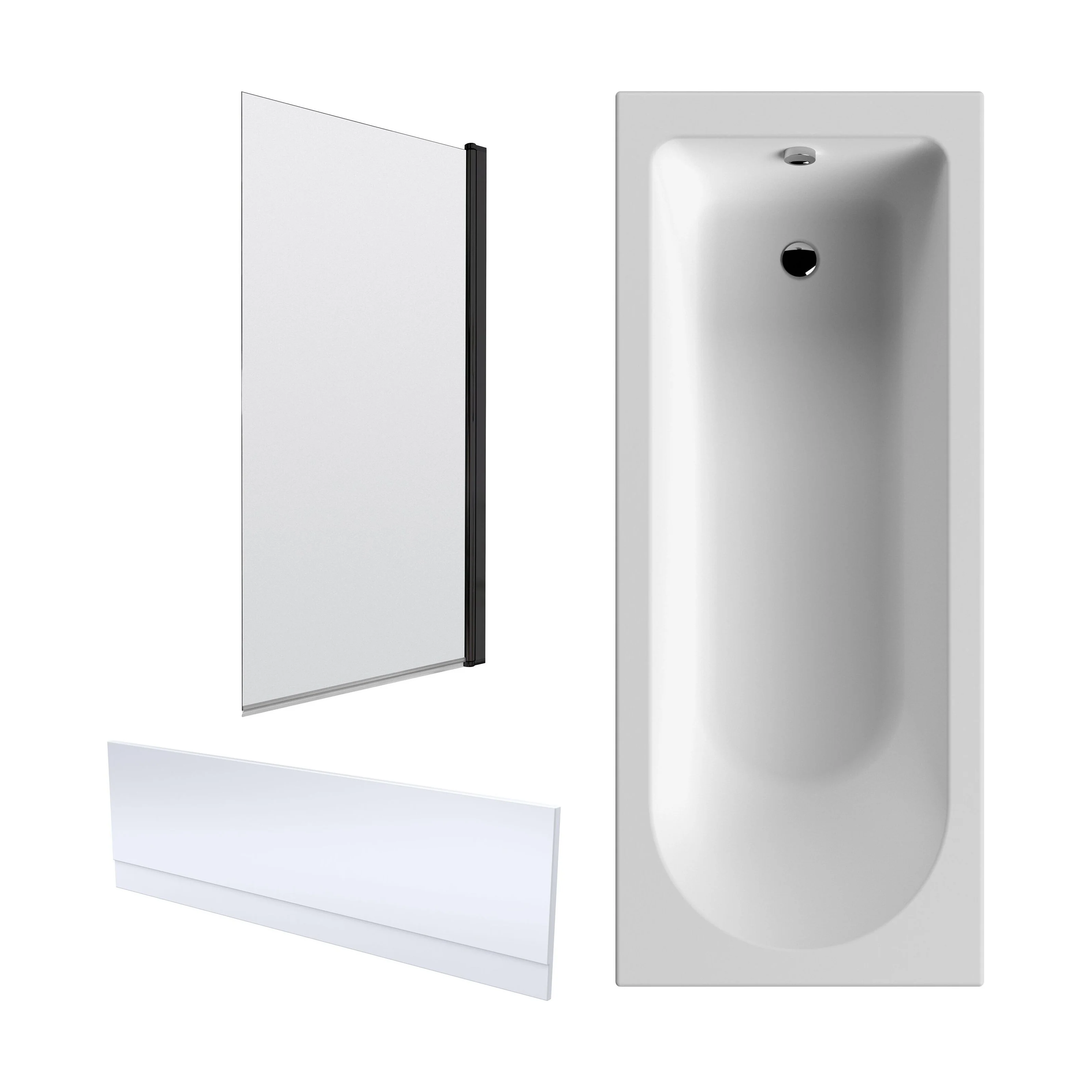 Round Single Ended 1700x700 Shower Bath Set - Front Panel, Square Bath Screen - Black