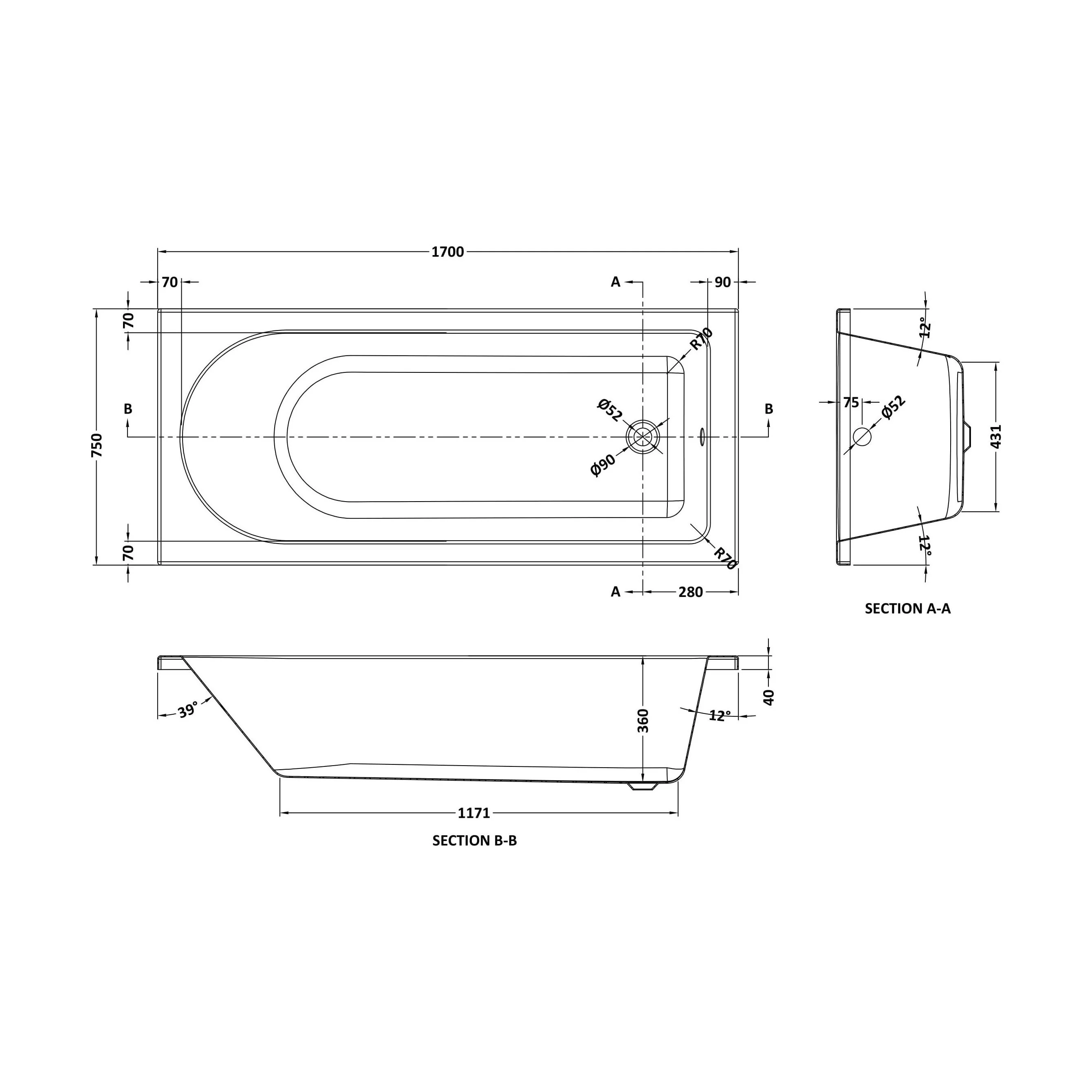 Round Single Ended 1700x750 Shower Bath Set - Front Panel, Round Bath Screen - Black - Image 5
