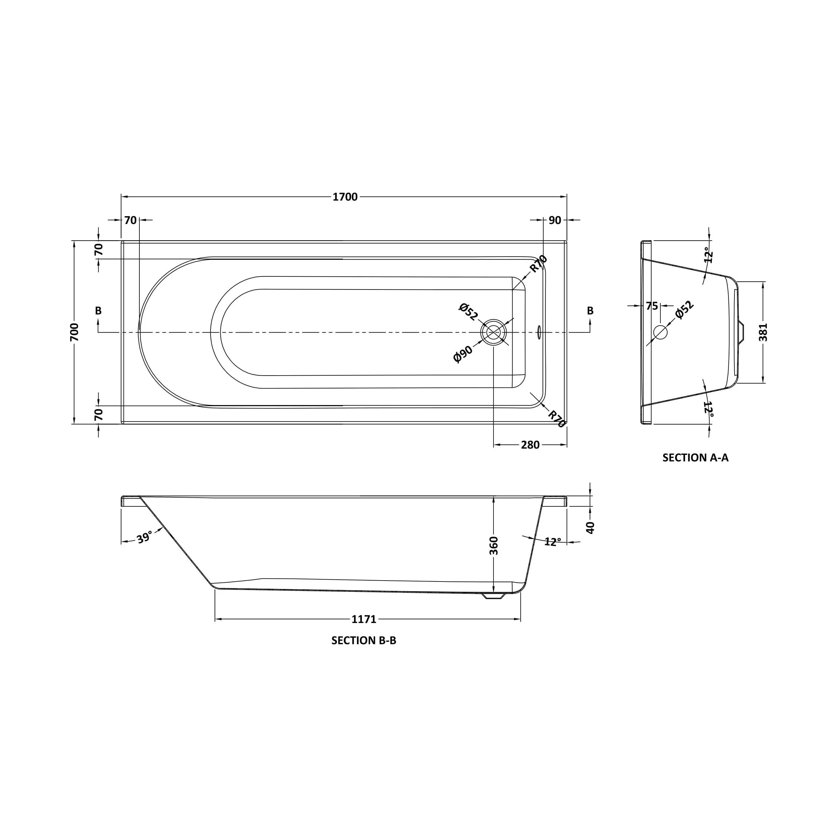 Round Single Ended 1700x700 Shower Bath Set - Front Panel, Screen, Fixings & Leg Set - Image 5