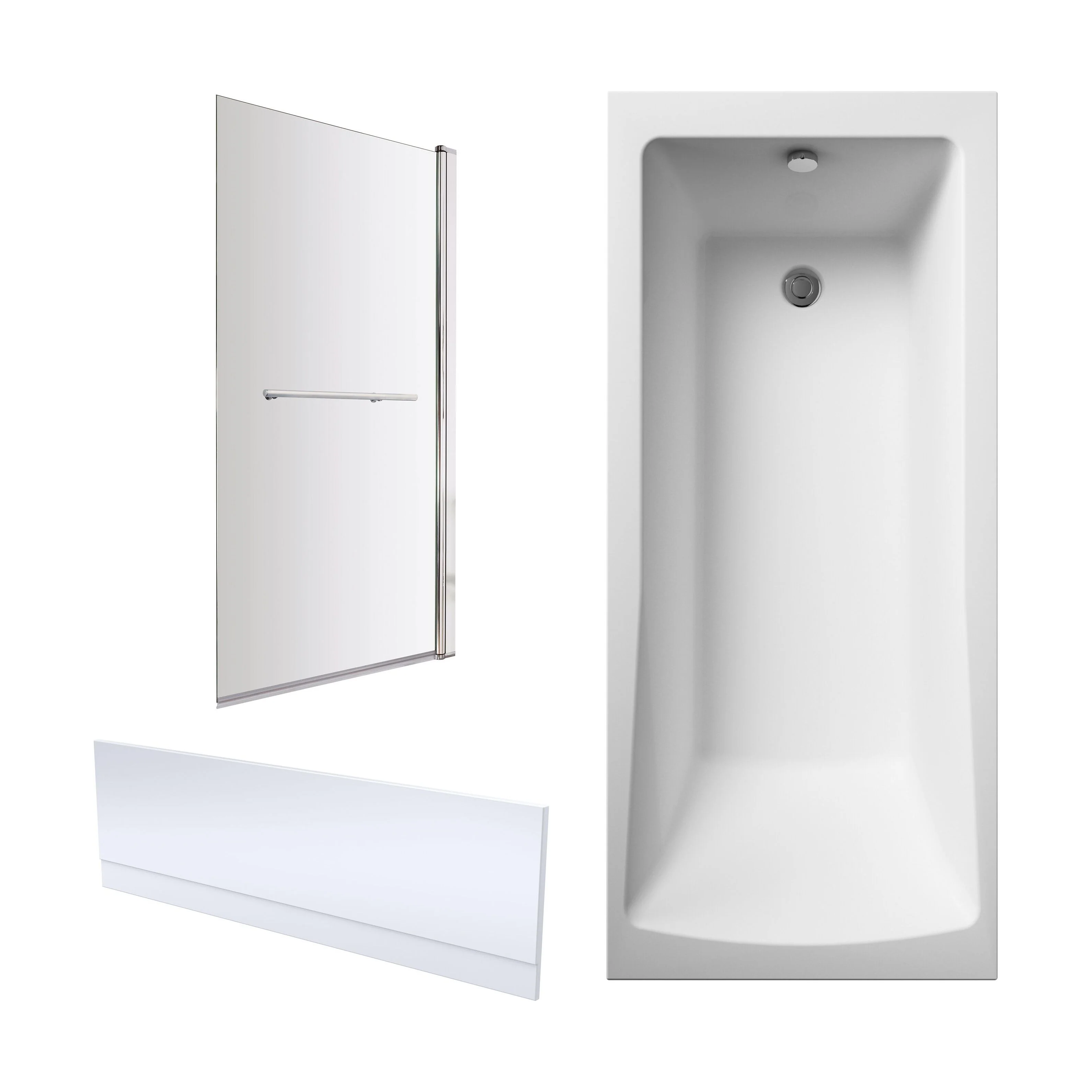 Square Single Ended 1700x700 Shower Bath Set - Front Panel, Chrome Square Bath Screen with Towel Rail & Leg Set