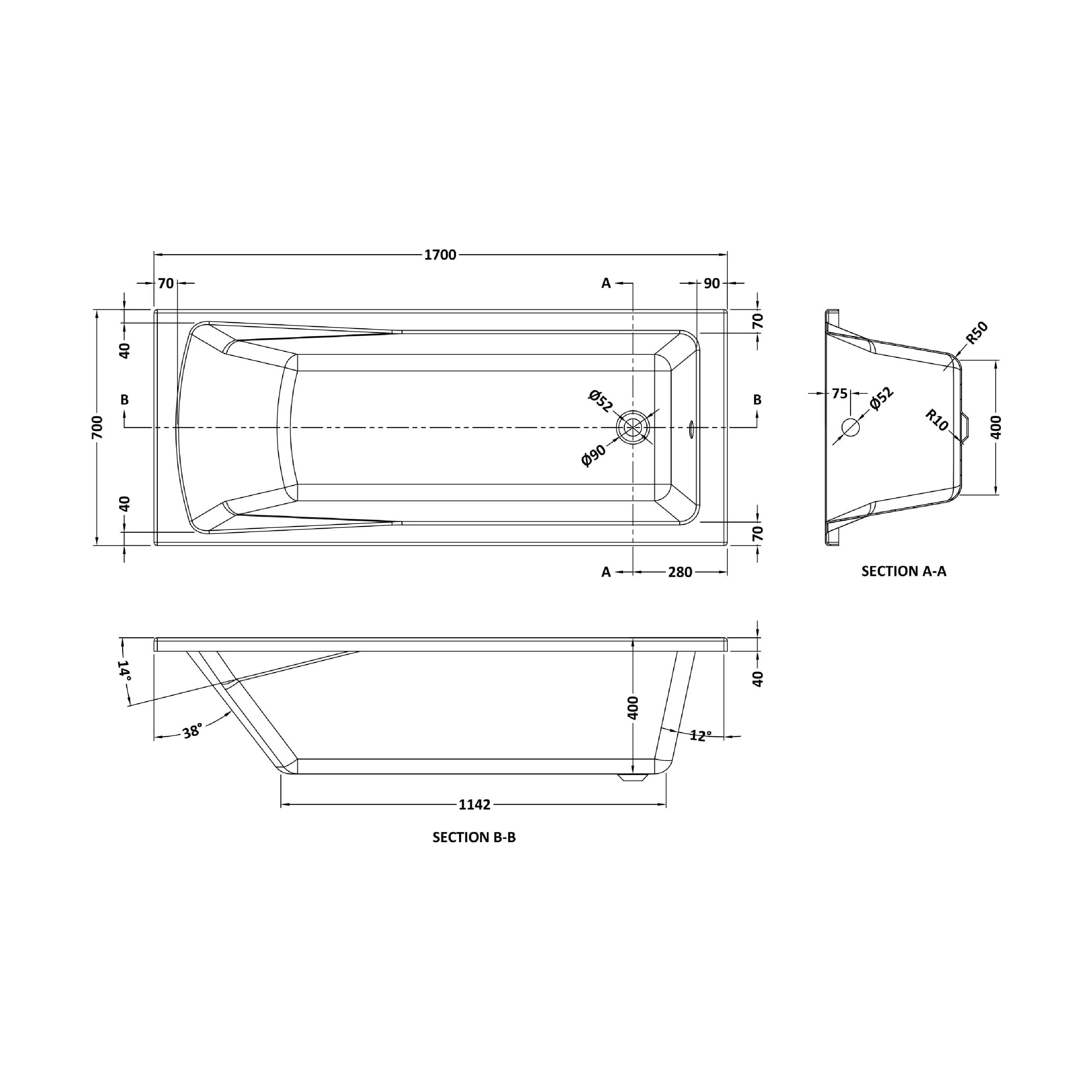 Square Single Ended 1700x700 Shower Bath Set - Front Panel, Round Bath Screen - Chrome & Leg Set - Image 5