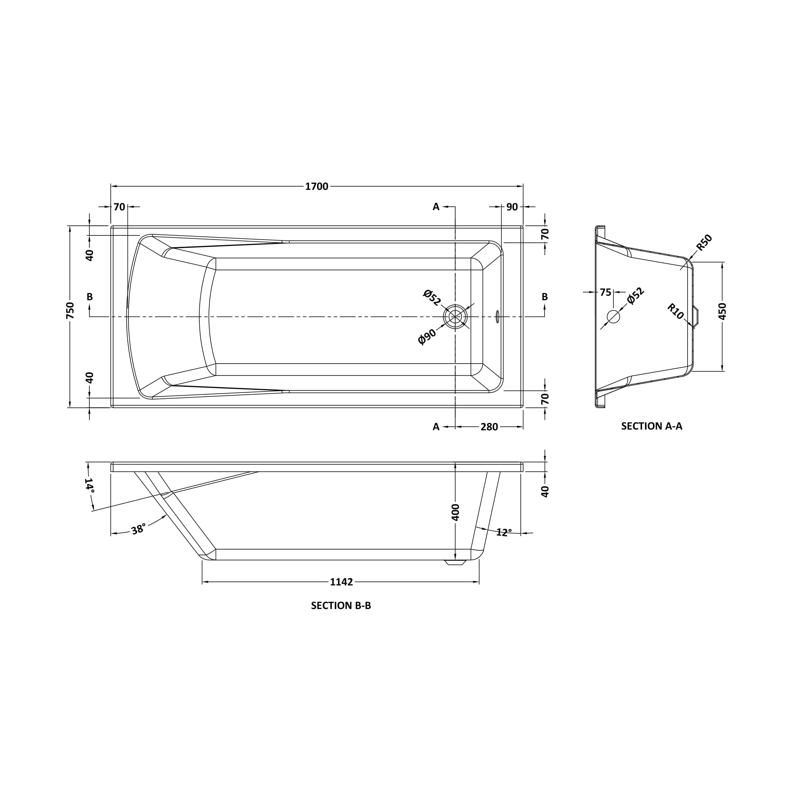 Square Single Ended1700x750 Shower Bath Set - Front Panel & Brushed Brass Round Corner Screen - Image 5