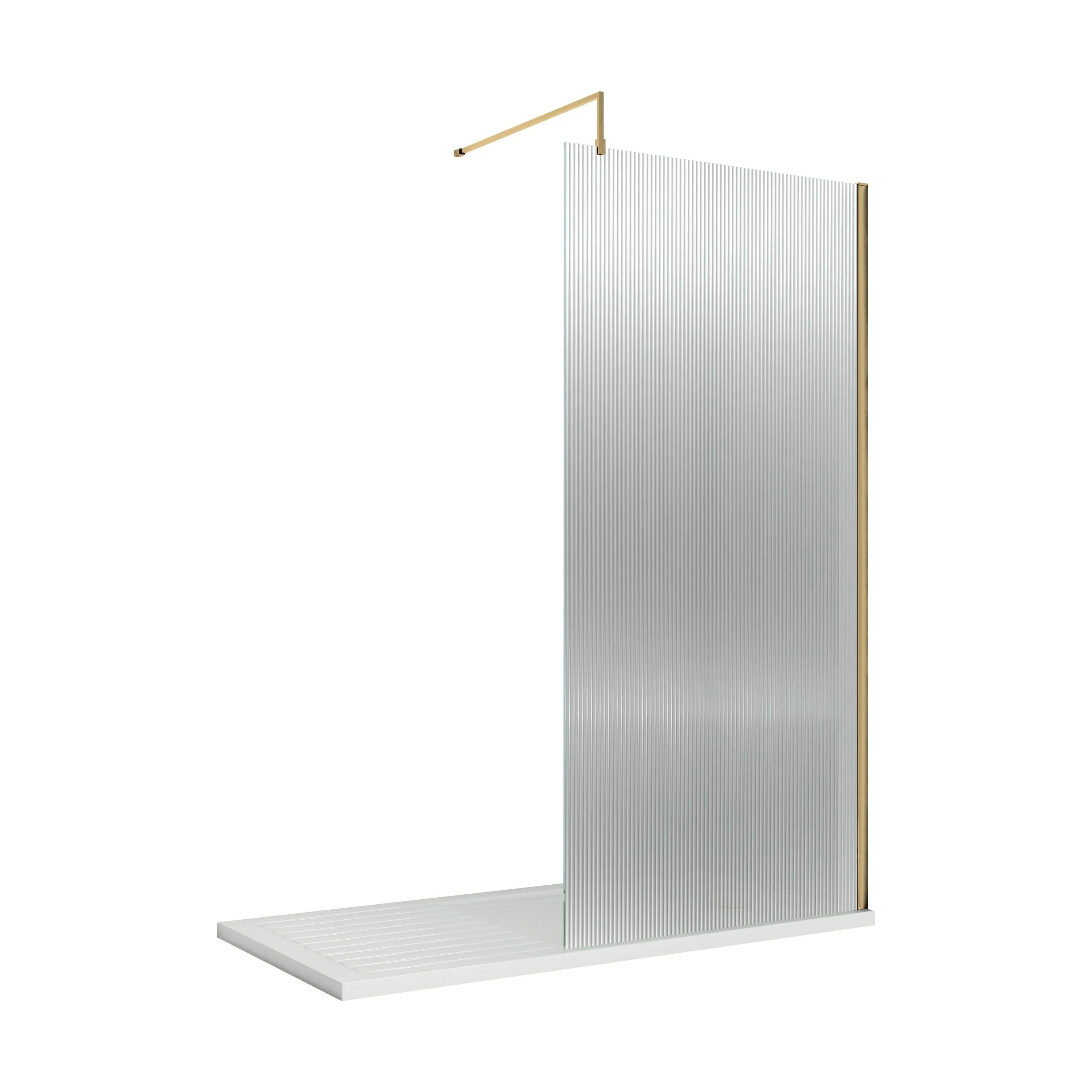 Balterley 8mm Fluted Toughened Safety Glass Wetroom Screen with Support Bar: 1000x1850mm, Brushed Brass