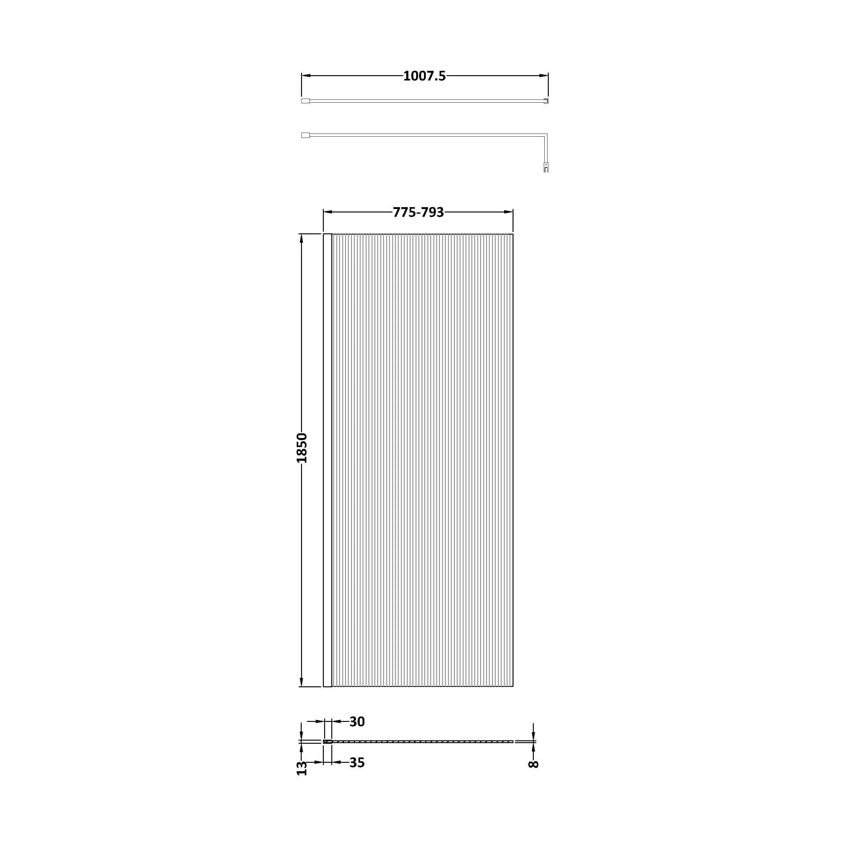 Balterley 8mm Fluted Toughened Safety Glass Wetroom Screen with Support Bar: 1850mm x 800mm, Brushed Brass - Image 2