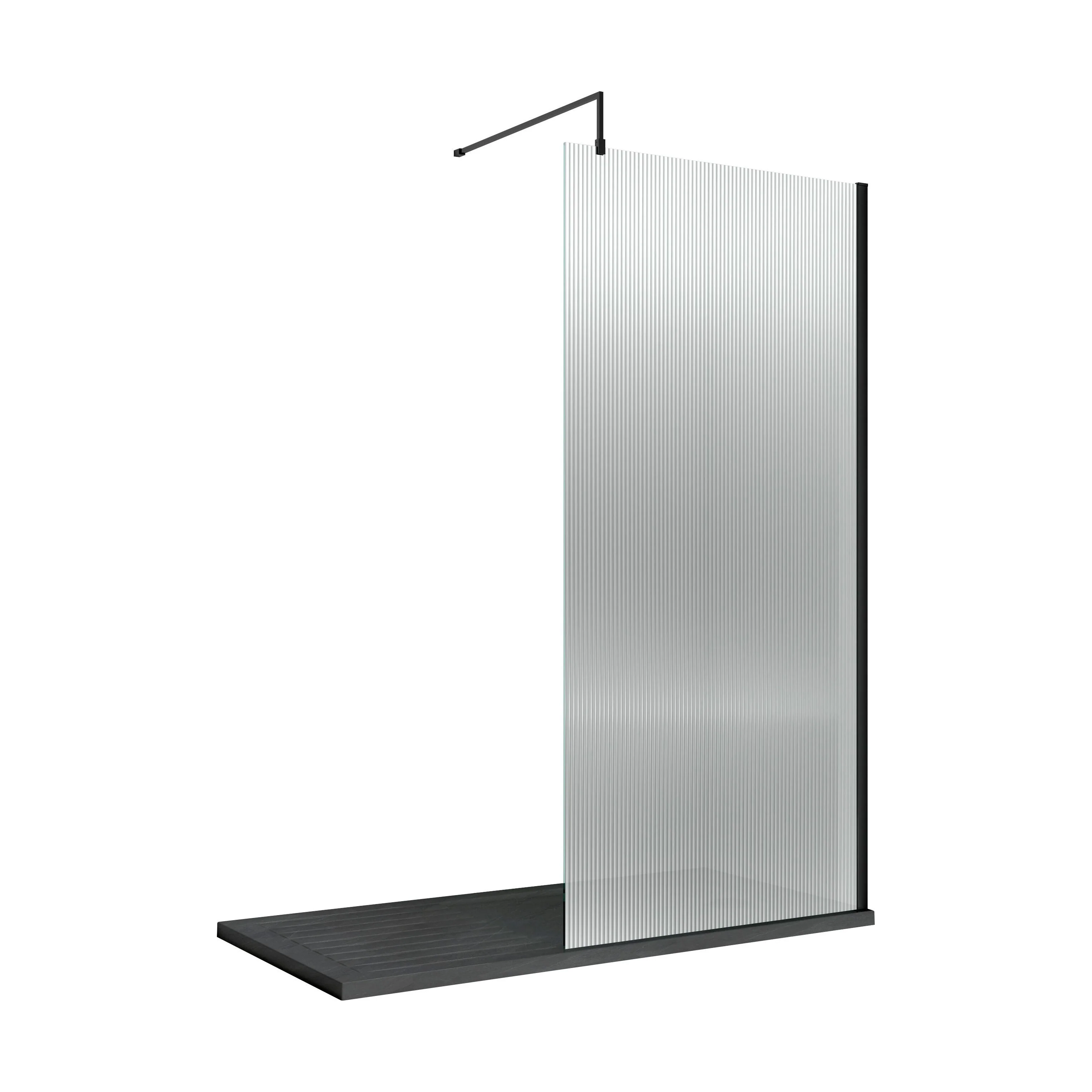 Balterley 8mm Fluted Toughened Safety Glass Wetroom Screen with Support Bar: 1850mm x 900mm, Black