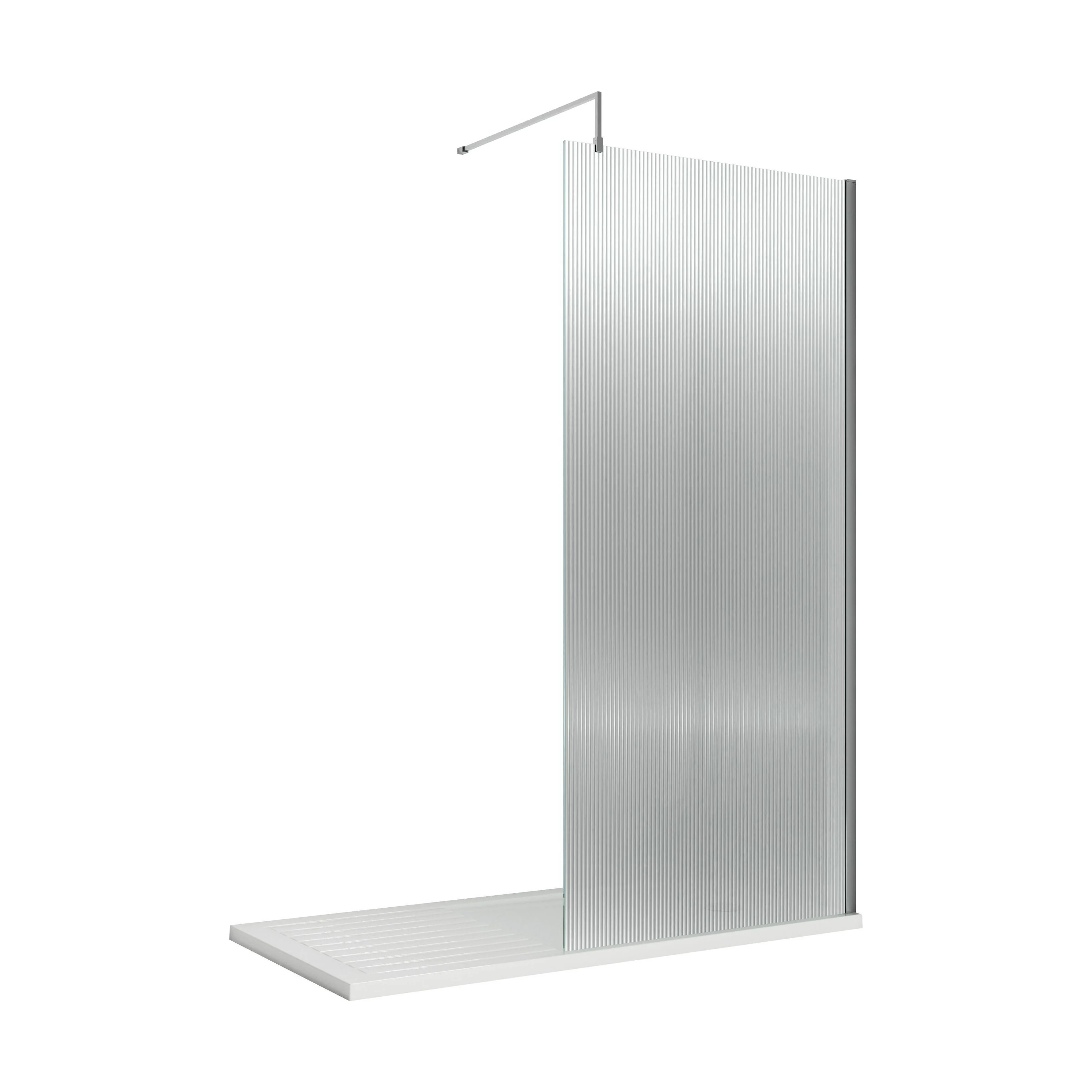 Balterley Contemporary Bathroom 8mm Fluted Glass Wetroom Screen with Support Bar, 1950 x 800 x 14mm, Polished Chrome