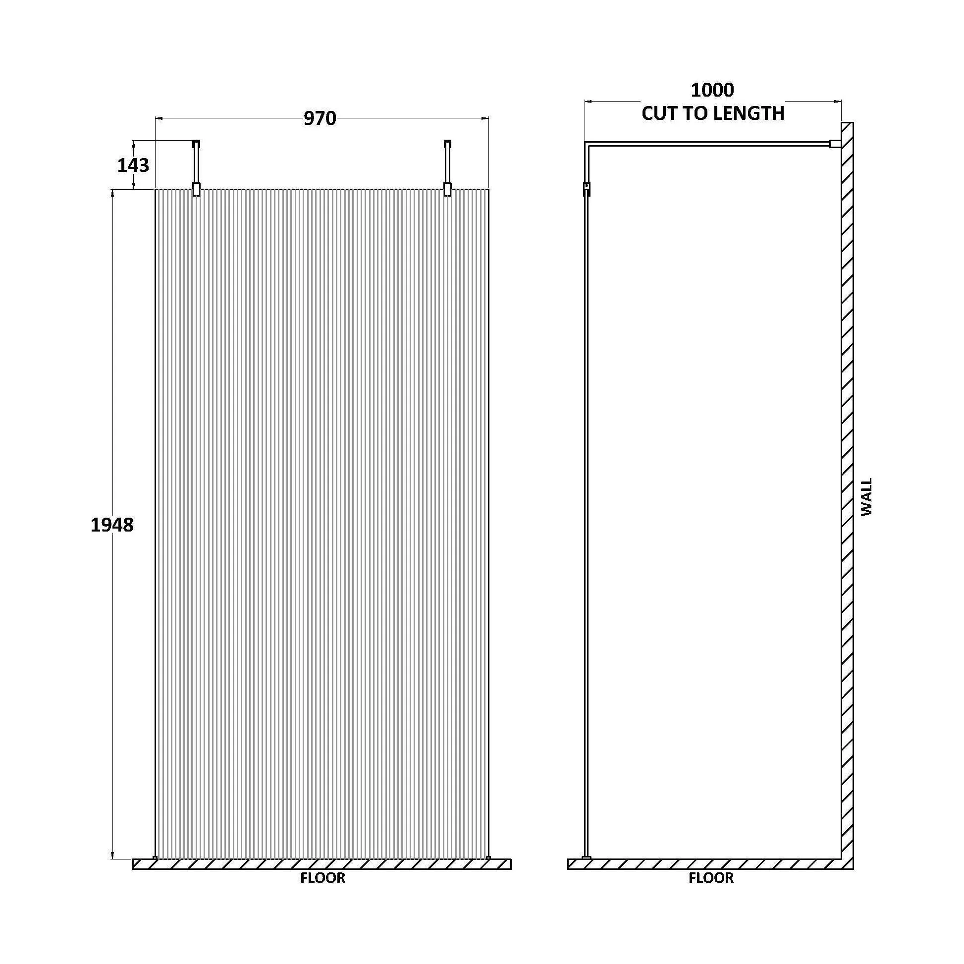 Balterley Contemporary Bathroom 8mm Fluted Glass Wetroom Screen with Arms & Feet, 2091 x 770 x 1000mm, Polished Chrome - Image 9