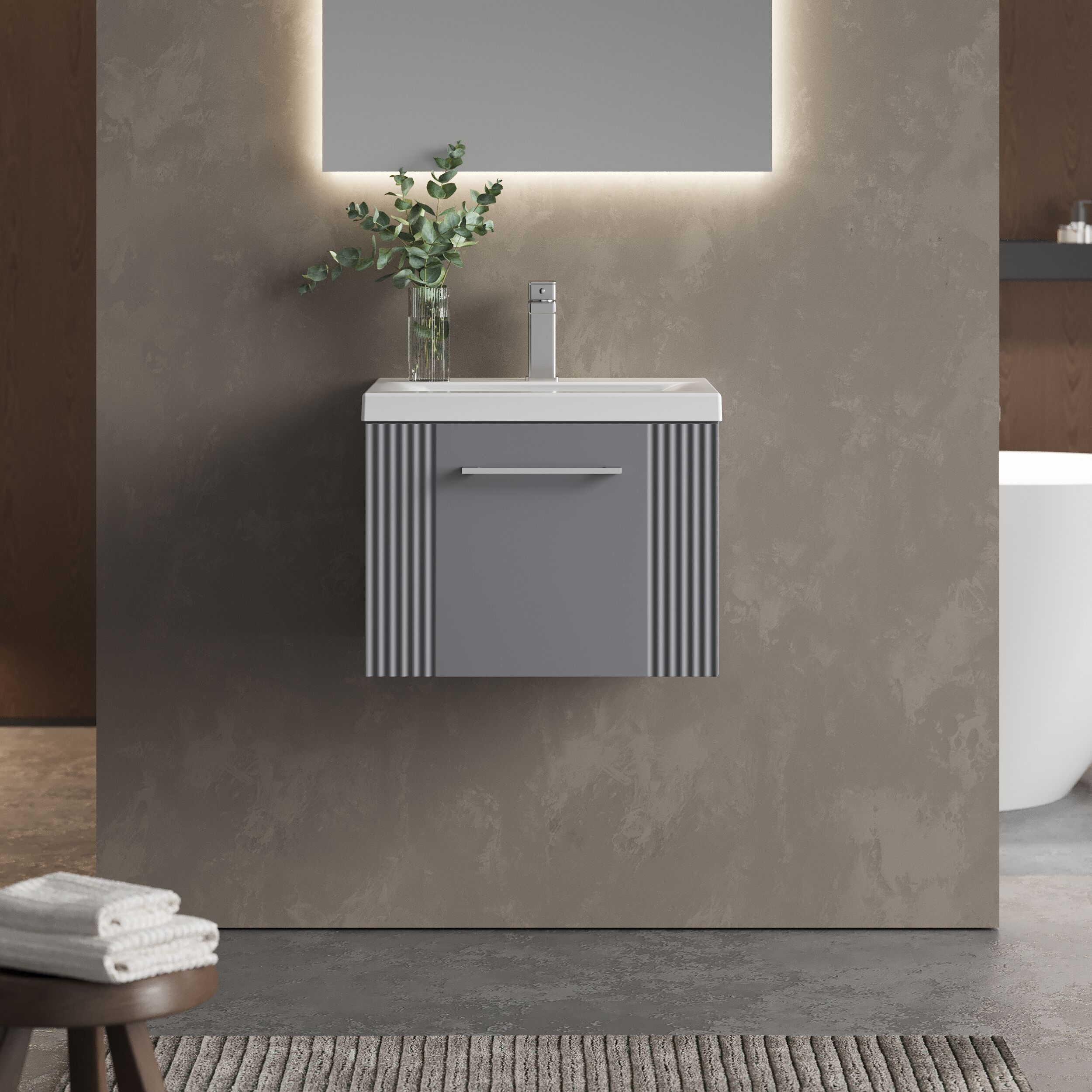 Belvide Partial Fluted 1 Drawer Wall Hung Vanity Unit with Mid-Edge 1 Tap Hole Ceramic Basin - Image 22