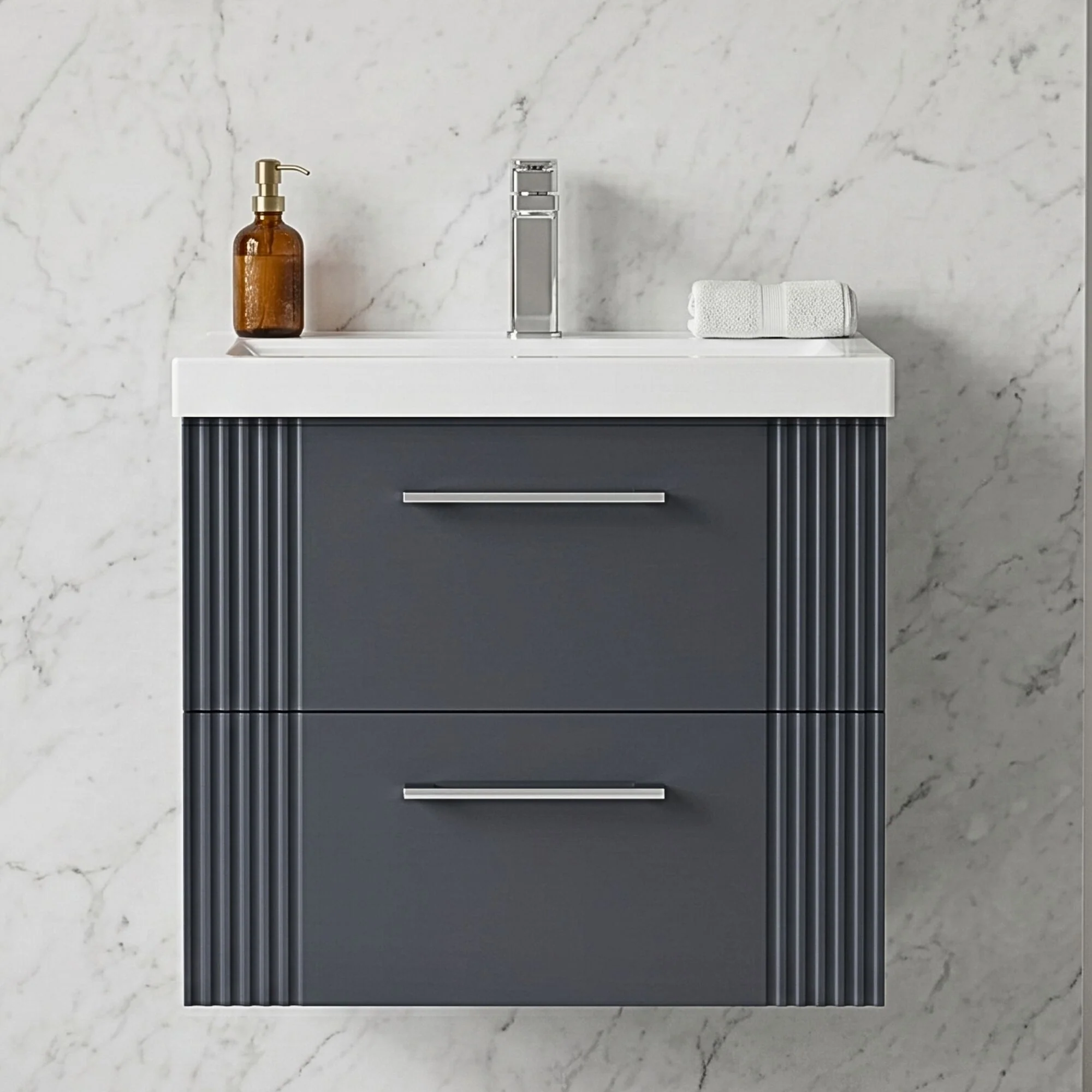 Belvide Partial Fluted 2 Drawer Wall Hung Vanity Unit with Mid-Edge 1 Tap Hole Ceramic Basin - Image 2