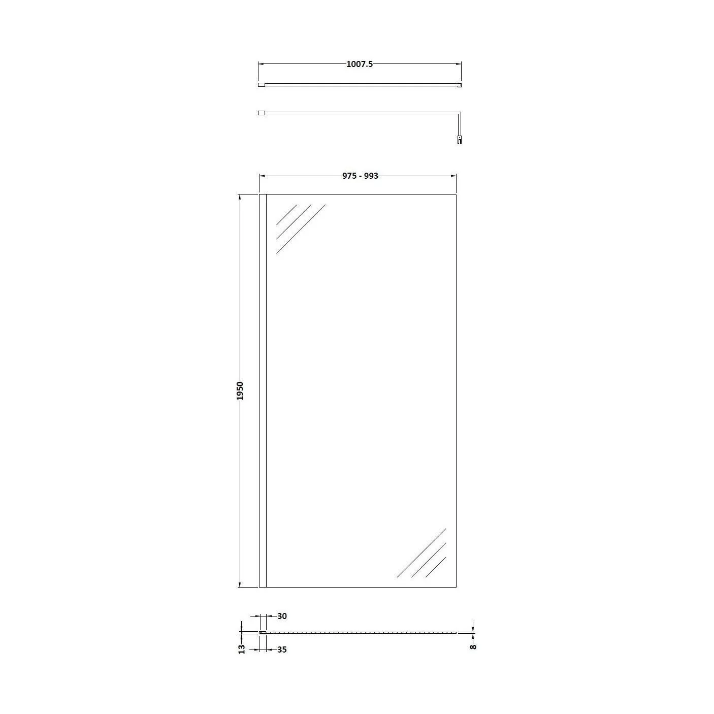 Balterley Contemporary Bathroom 8mm Glass Profile Wetroom Screen with Support Bar, Matt Black, 1950 x 1000 x 14mm - Image 2