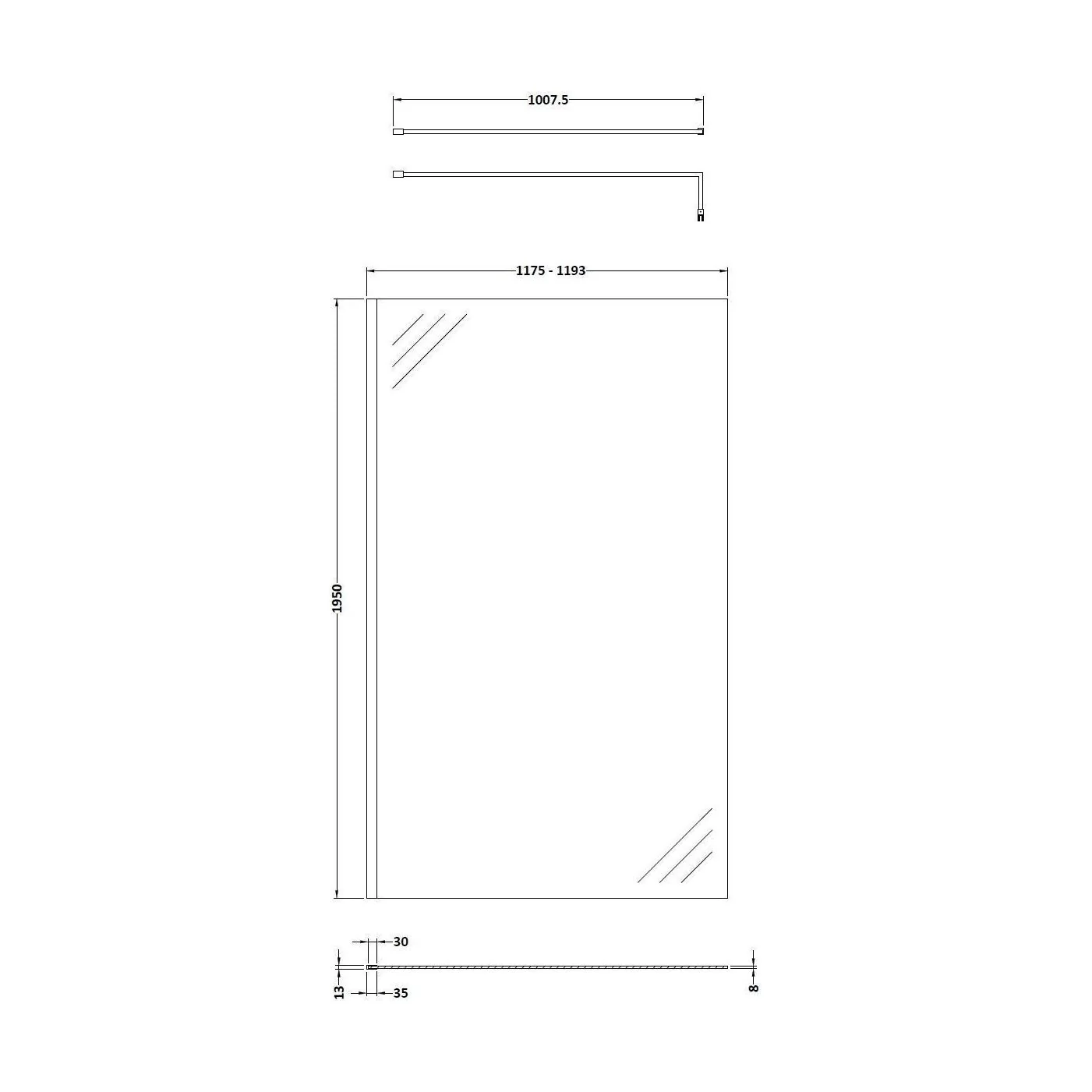Balterley Contemporary Bathroom 8mm Glass Profile Wetroom Screen with Support Bar, Brushed Brass, 1950 x 1200 x 14mm - Image 2