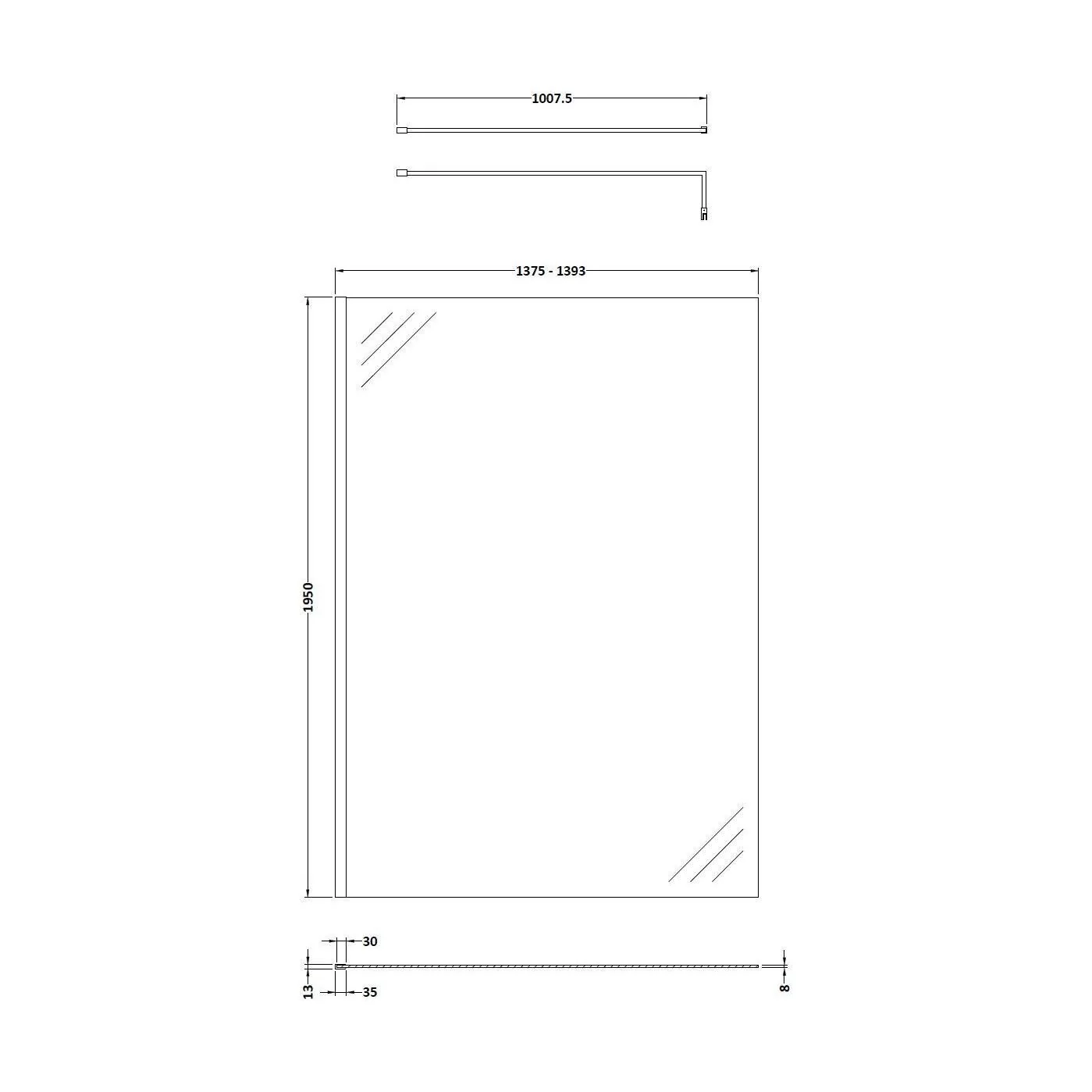 Balterley Contemporary Bathroom 8mm Glass Profile Wetroom Screen with Support Bar, Chrome, 1950 x 1400 x 14mm - Image 2