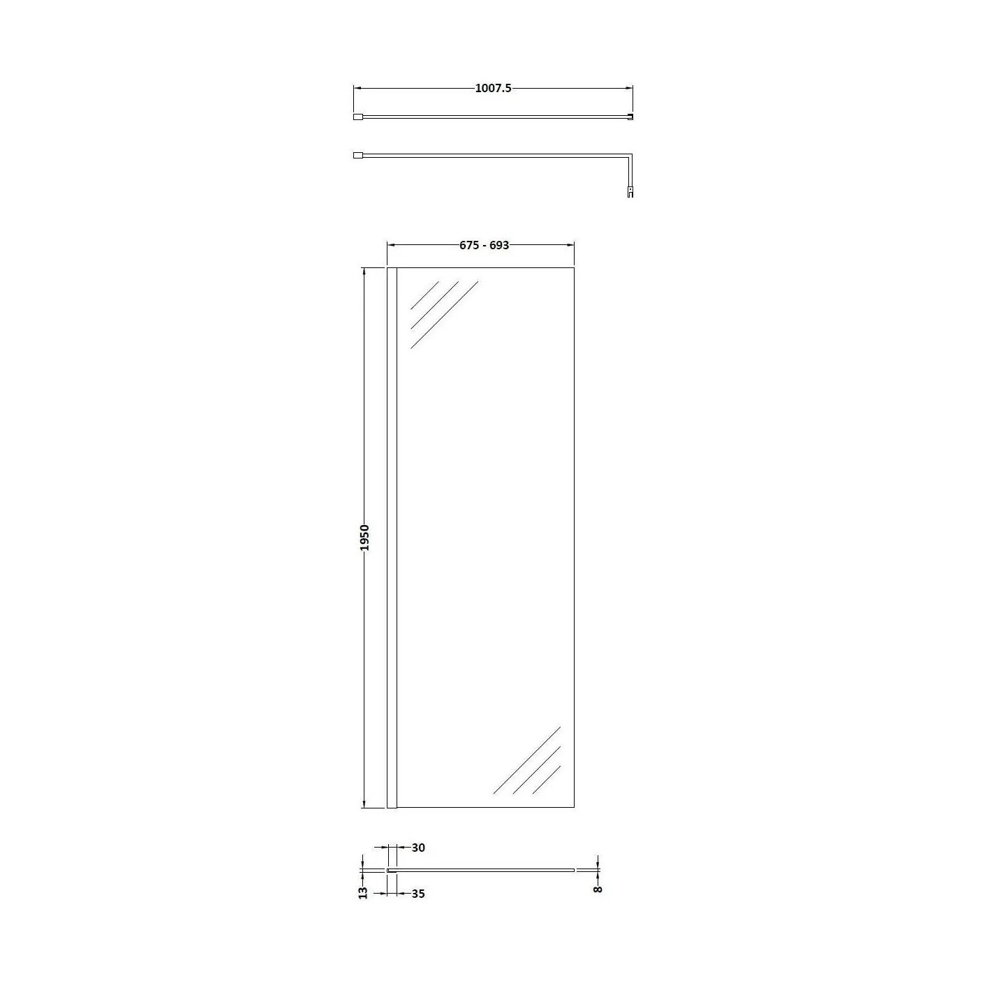 Balterley Contemporary Bathroom 8mm Glass Profile Wetroom Screen with Support Bar, Brushed Brass, 1950 x 700 x 14mm - Image 2