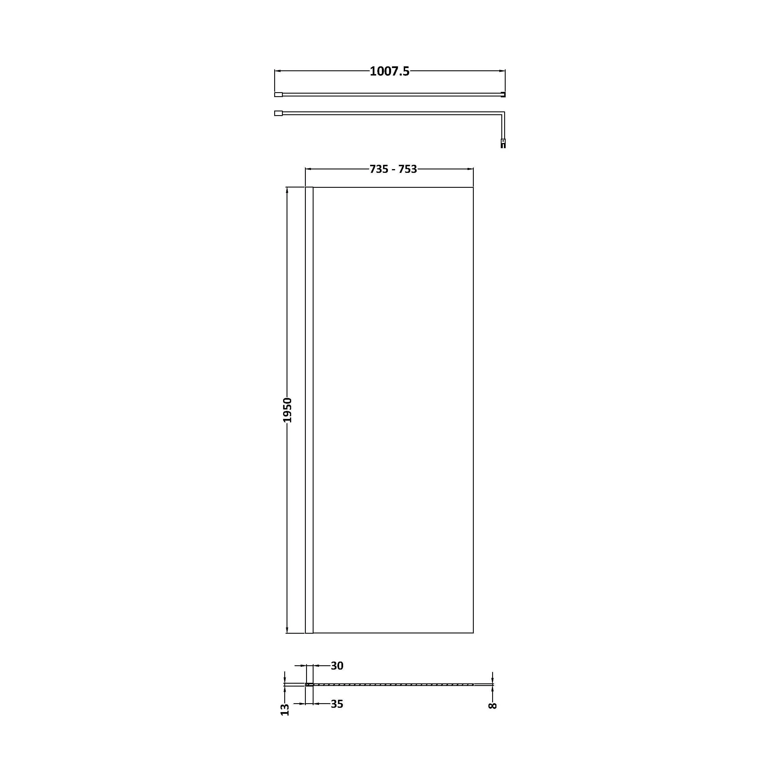 Balterley Contemporary Bathroom 8mm Glass Profile Wetroom Screen with Support Bar, Matt Black, 1950 x 760 x 14mm - Image 2