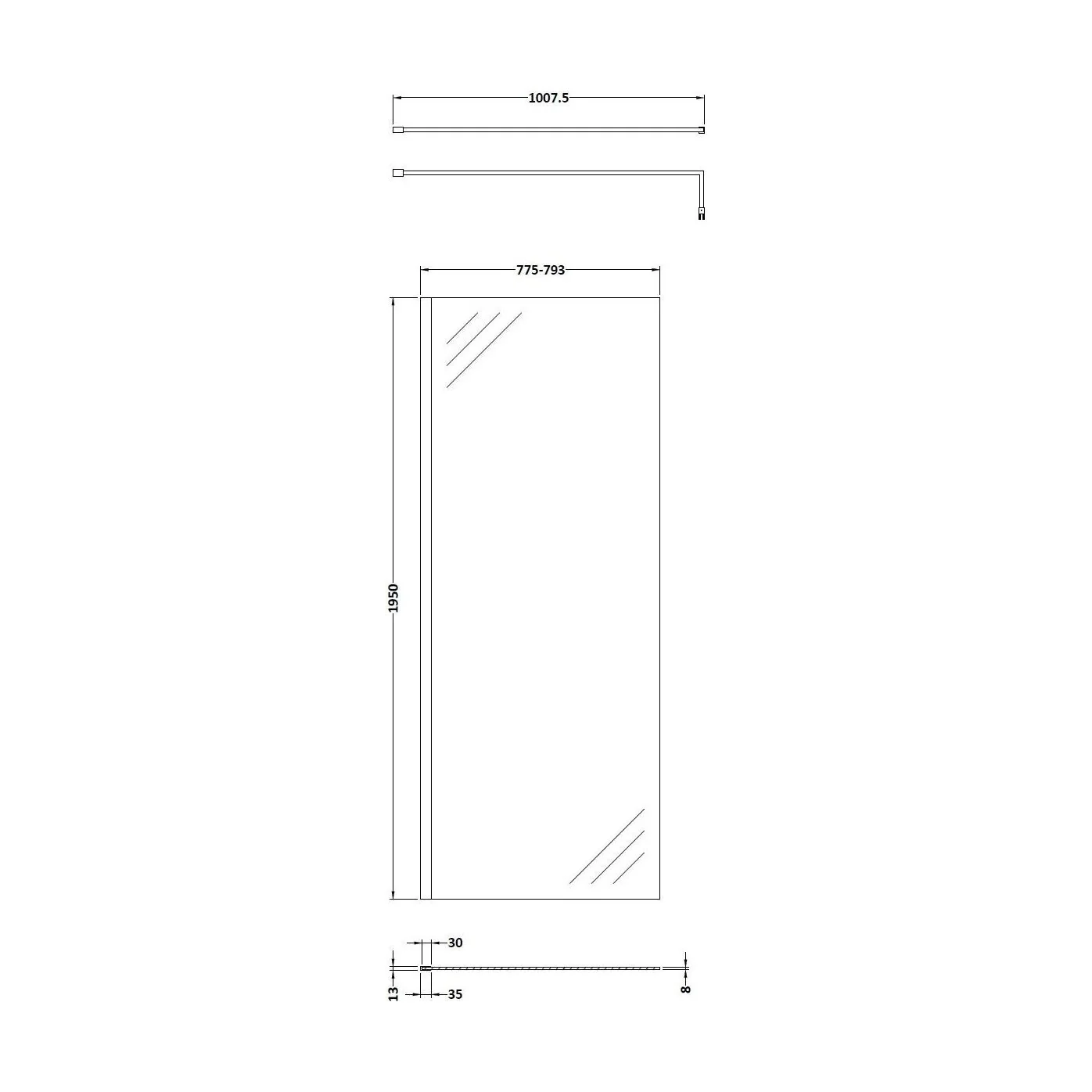 Balterley Contemporary Bathroom 8mm Glass Profile Wetroom Screen with Support Bar, Brushed Brass, 1950 x 800 x 14mm - Image 2
