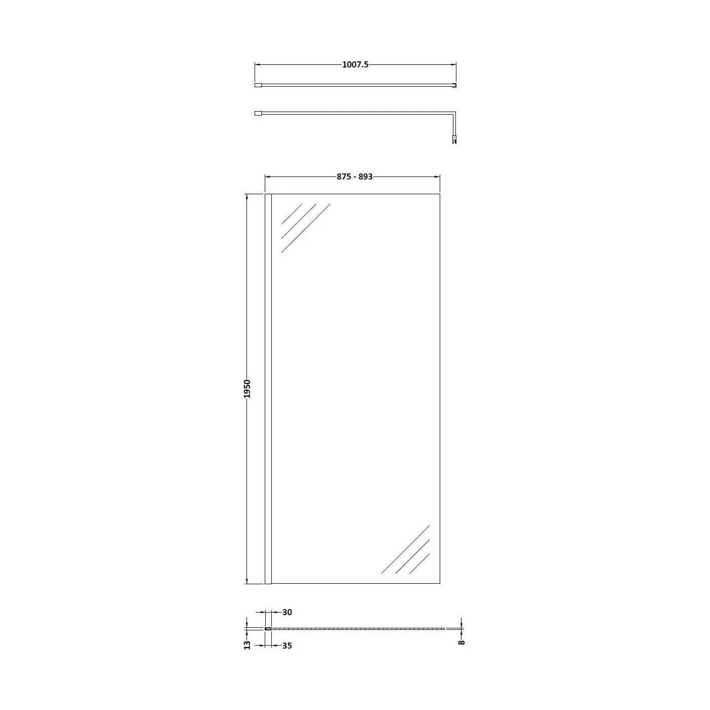 Balterley Contemporary Bathroom 8mm Glass Profile Wetroom Screen with Support Bar, Brushed Brass, 1950 x 900 x 14mm - Image 2