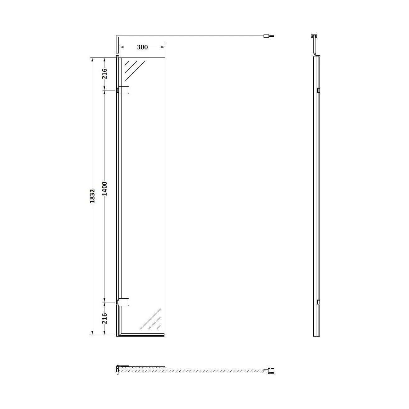 Balterley 8mm Toughened Safety Glass Hinged Return Screen with Support Bar: 300mm x 1850mm, Black - Image 2