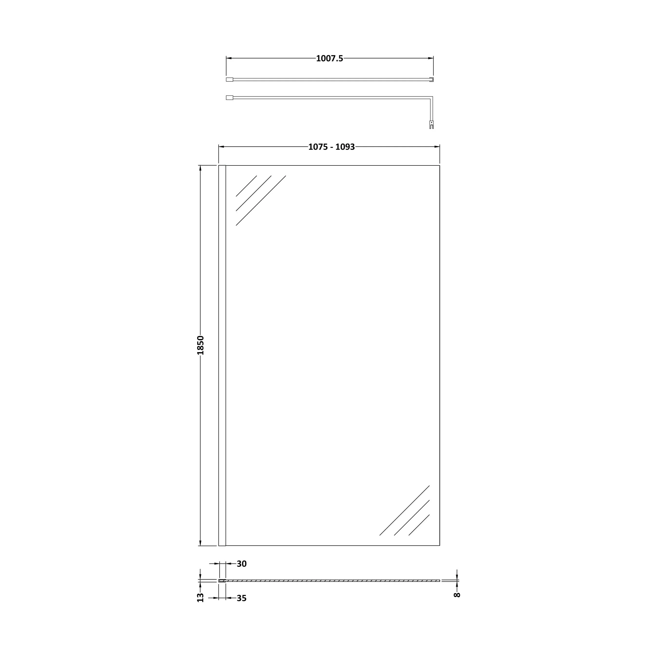 Balterley 8mm Toughened Safety Glass Wetroom Screen with Support Bar: 1100mm x 1850mm, Polished Chrome - Image 2