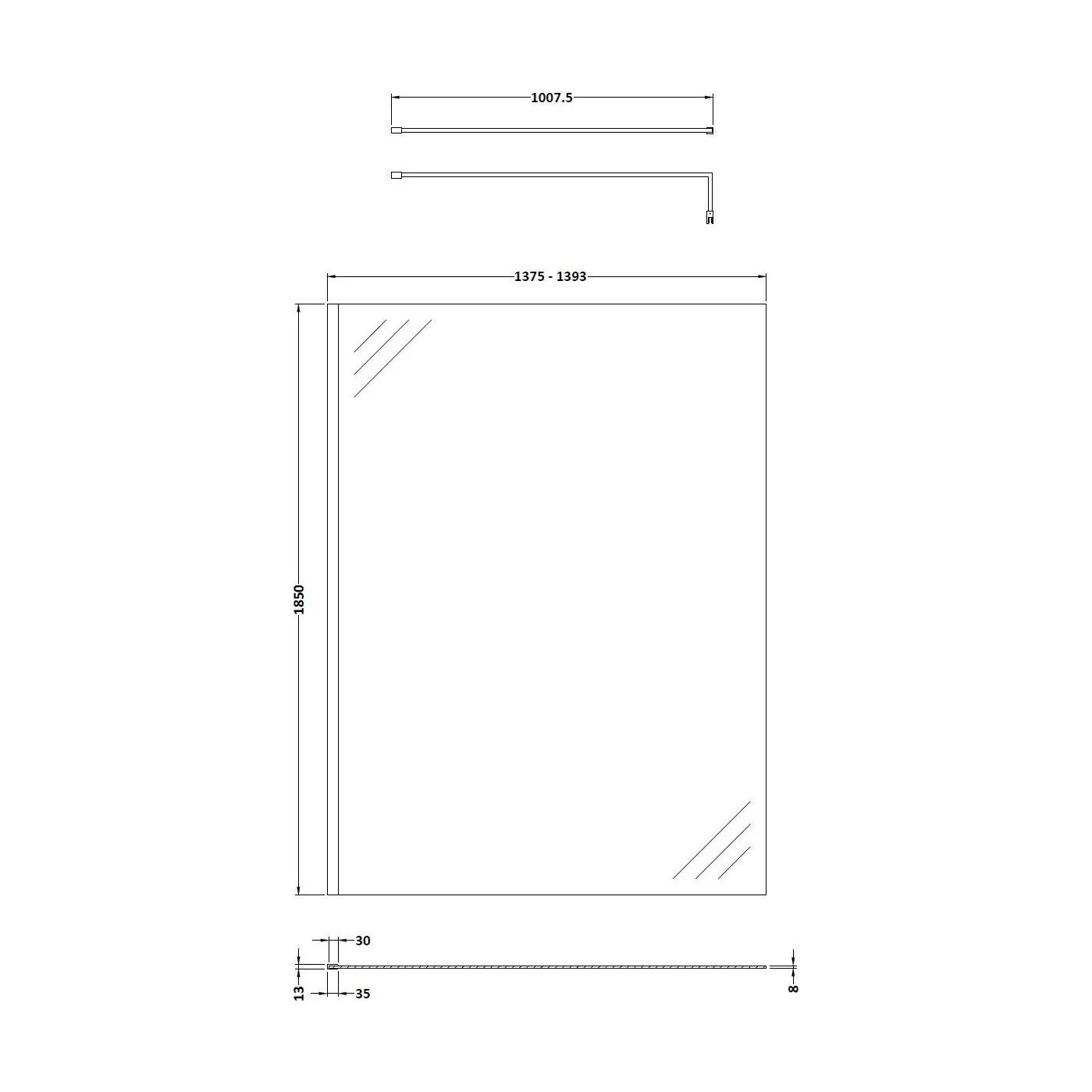Balterley 8mm Toughened Safety Glass Wetroom Screen and Support Bar: 1400mm x 1850mm, Black - Image 2