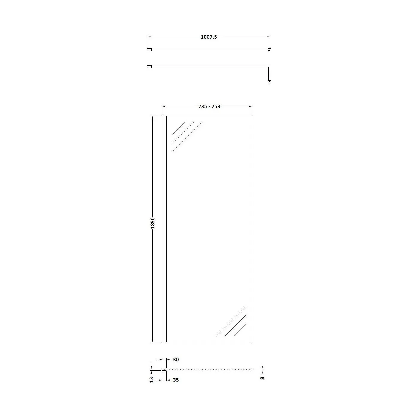 Balterley 8mm Toughened Safety Glass Wetroom Screen with Support Bar: 760mm x 1850mm, Brushed Brass - Image 2