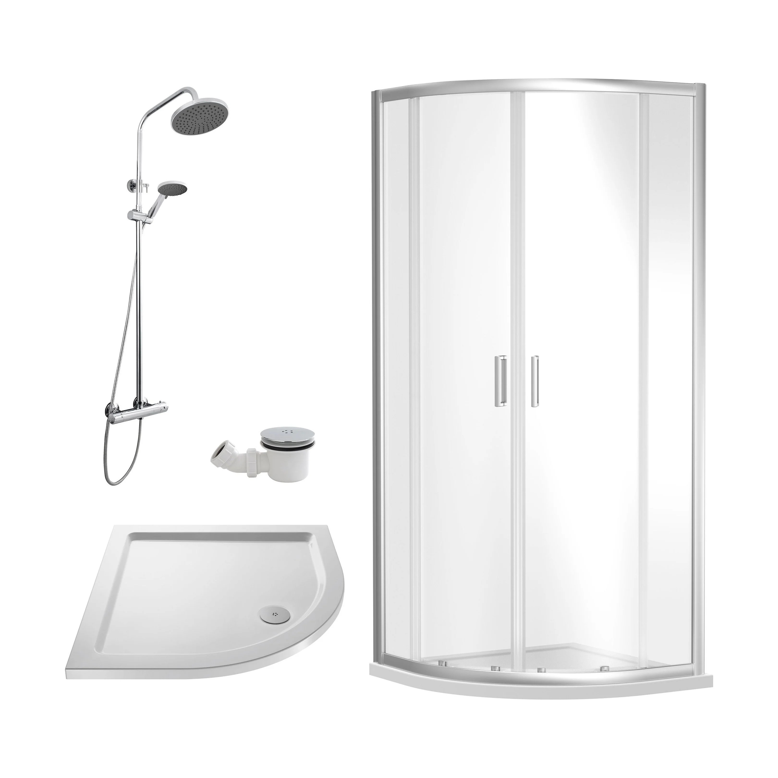 Balterley Ruwa Quadrant Shower Enclosure Bundle: Slimline Tray, Round Kit & Waste, 900 x 900 mm White/Chrome