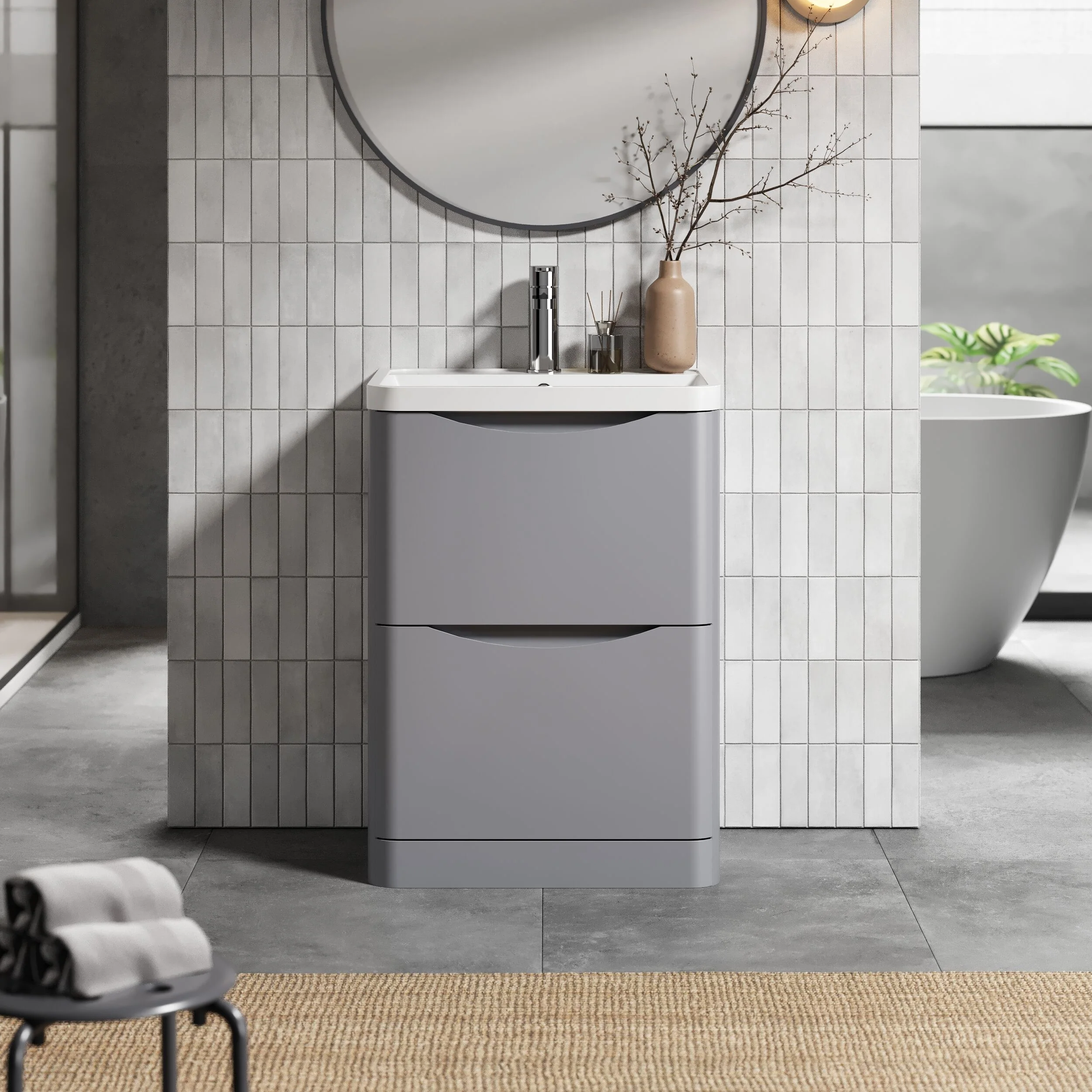 Balterley Arch Wall Hung 2 Drawer Bathroom Vanity Unit & Polymarble Basin, Satin Grey, 550mm - Image 2