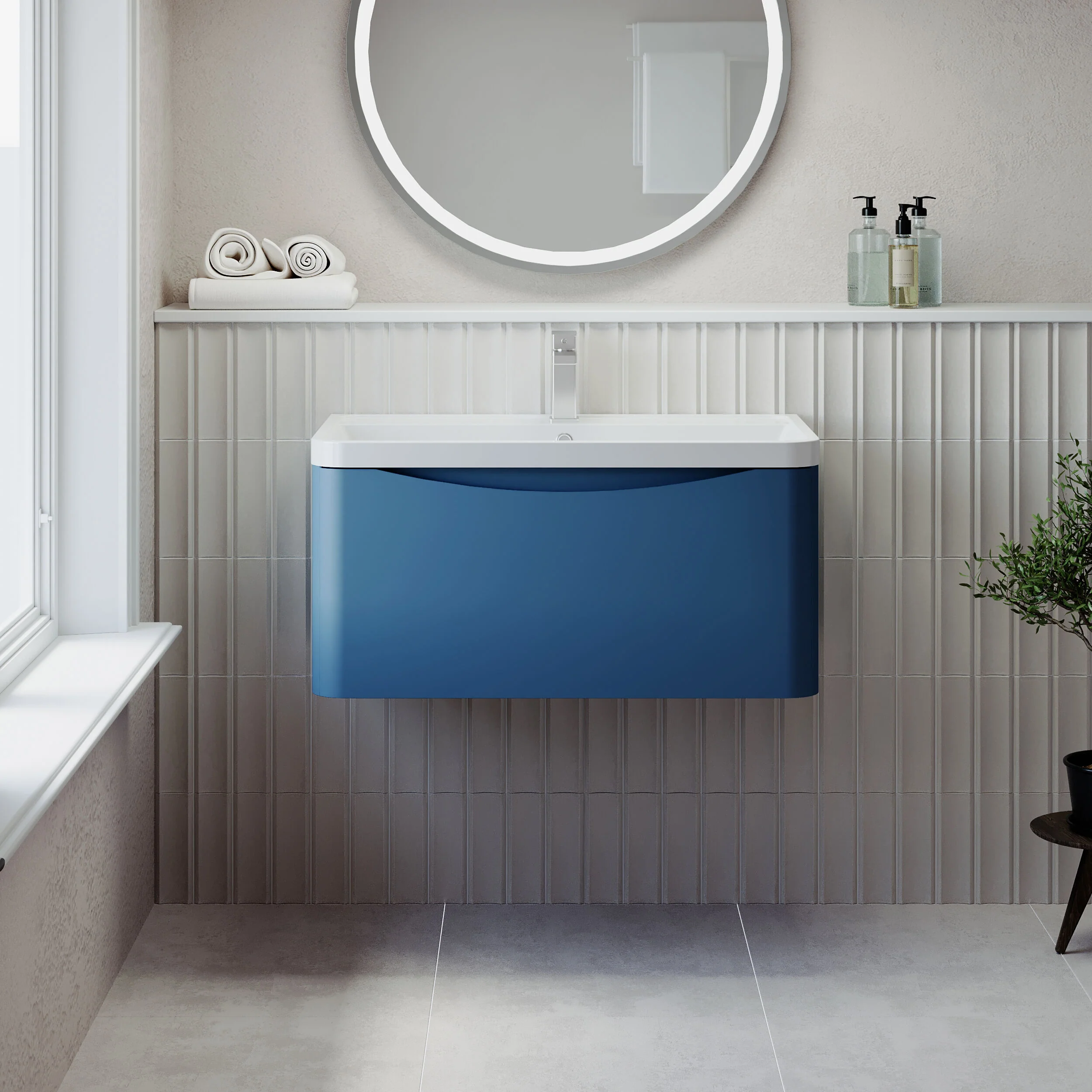 Balterley Arch Wall Hung 1 Drawer Bathroom Vanity Unit & Polymarble Basin, Satin Blue, 755mm - Image 2