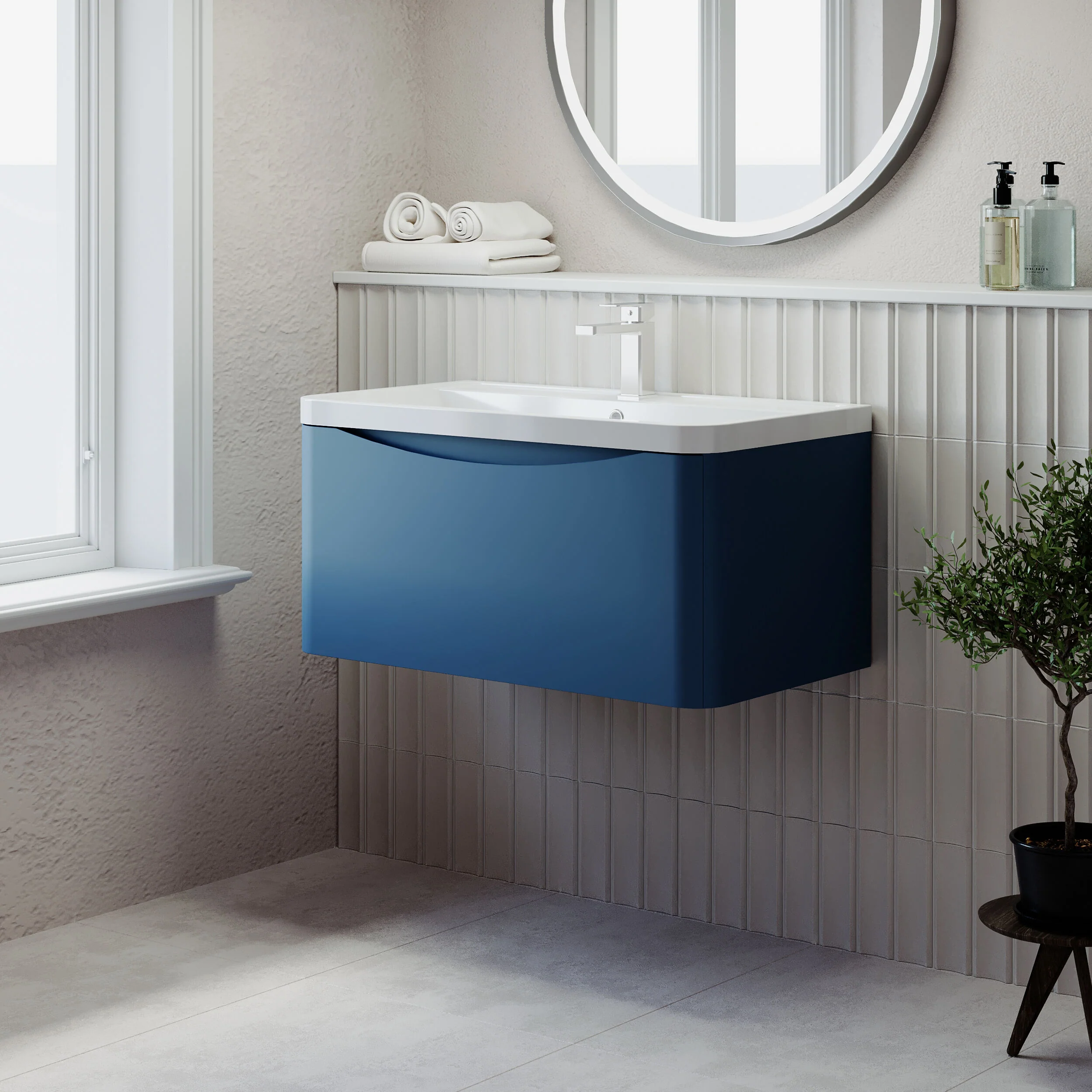 Balterley Arch Wall Hung 1 Drawer Bathroom Vanity Unit & Polymarble Basin, Satin Blue, 755mm - Image 4