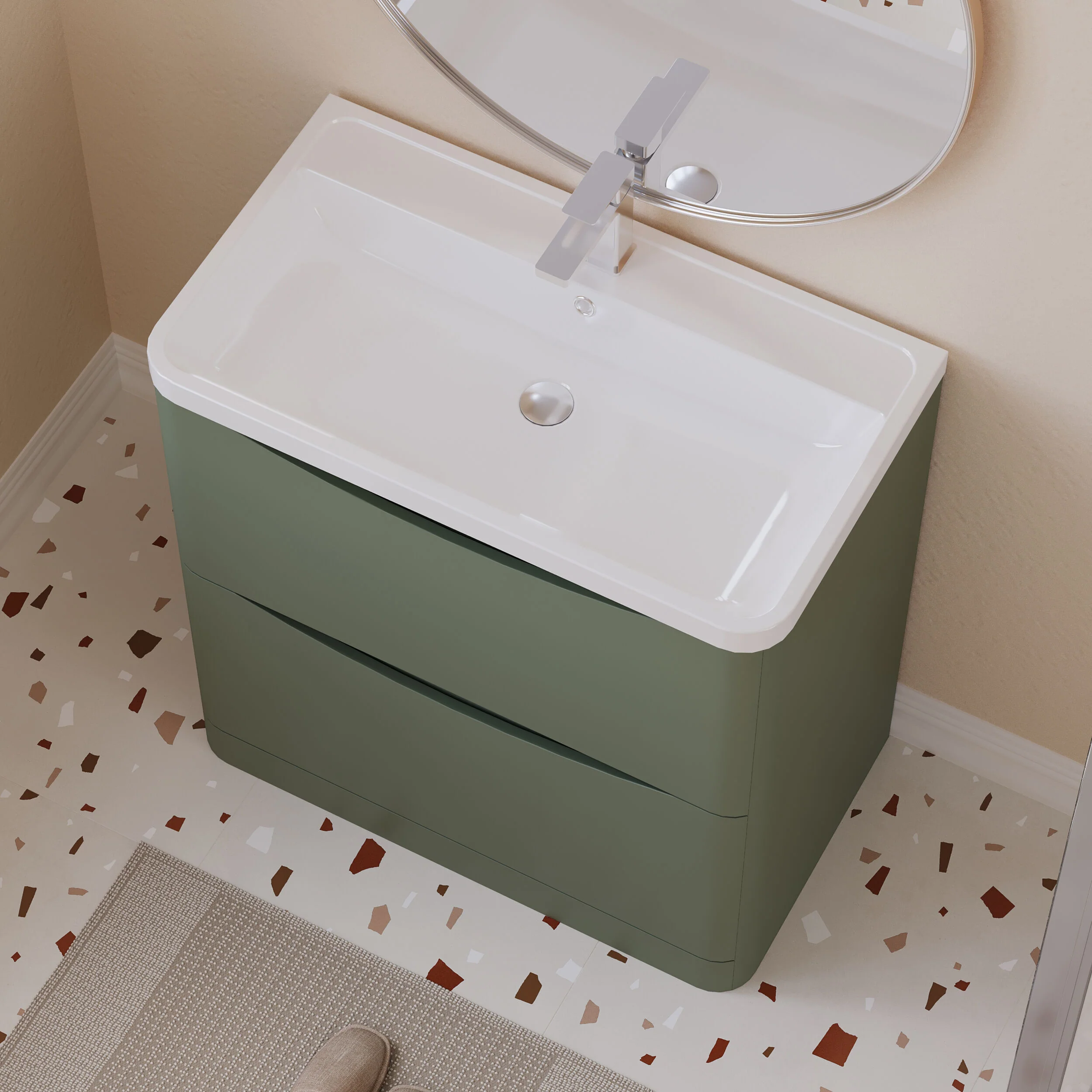 Balterley Arch Floor Standing 2 Drawer Bathroom Vanity Unit & Polymarble Basin, Satin Green, 755mm - Image 3