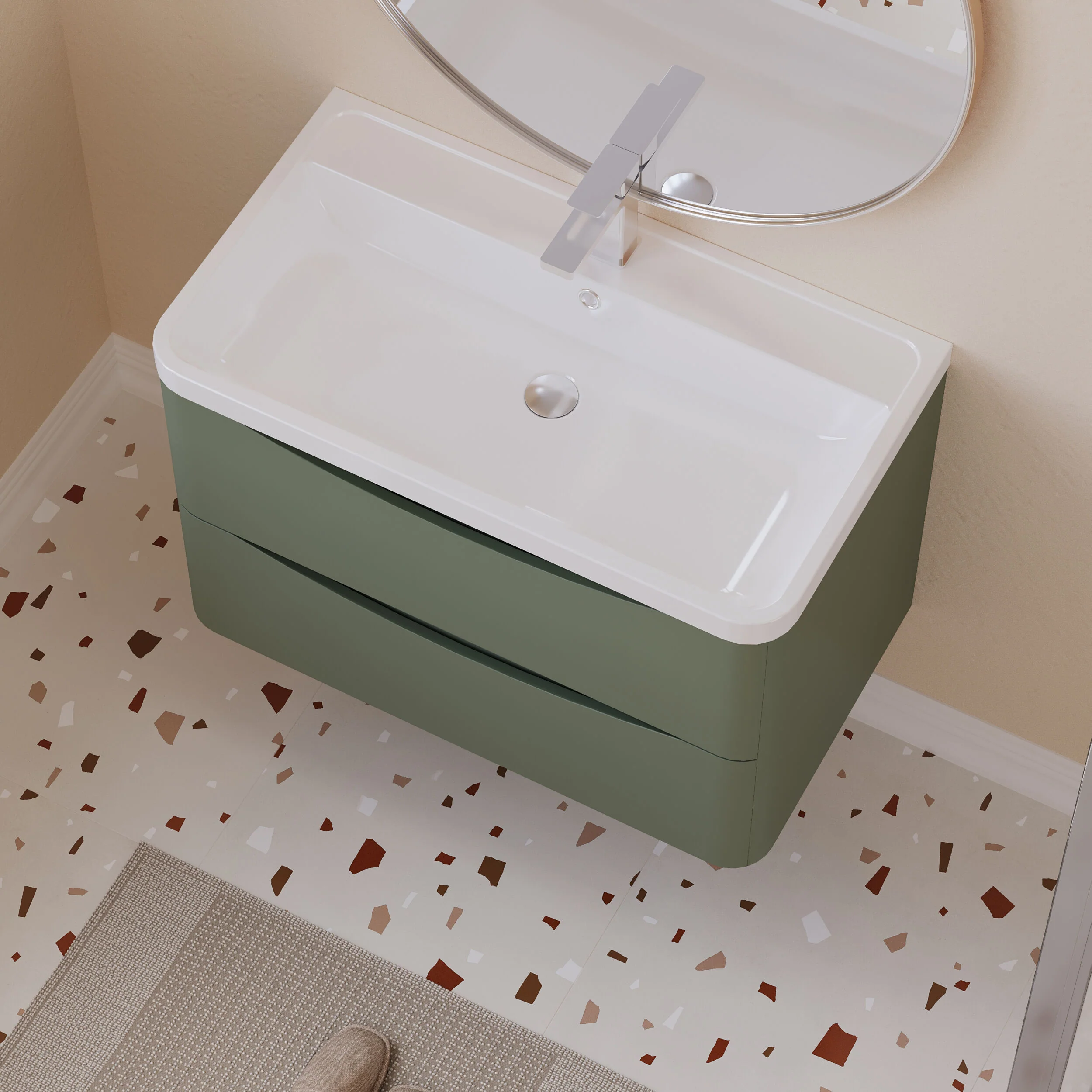 Balterley Arch Wall Hung 2 Drawer Bathroom Vanity Unit & Polymarble Basin, Satin Green, 755mm - Image 3