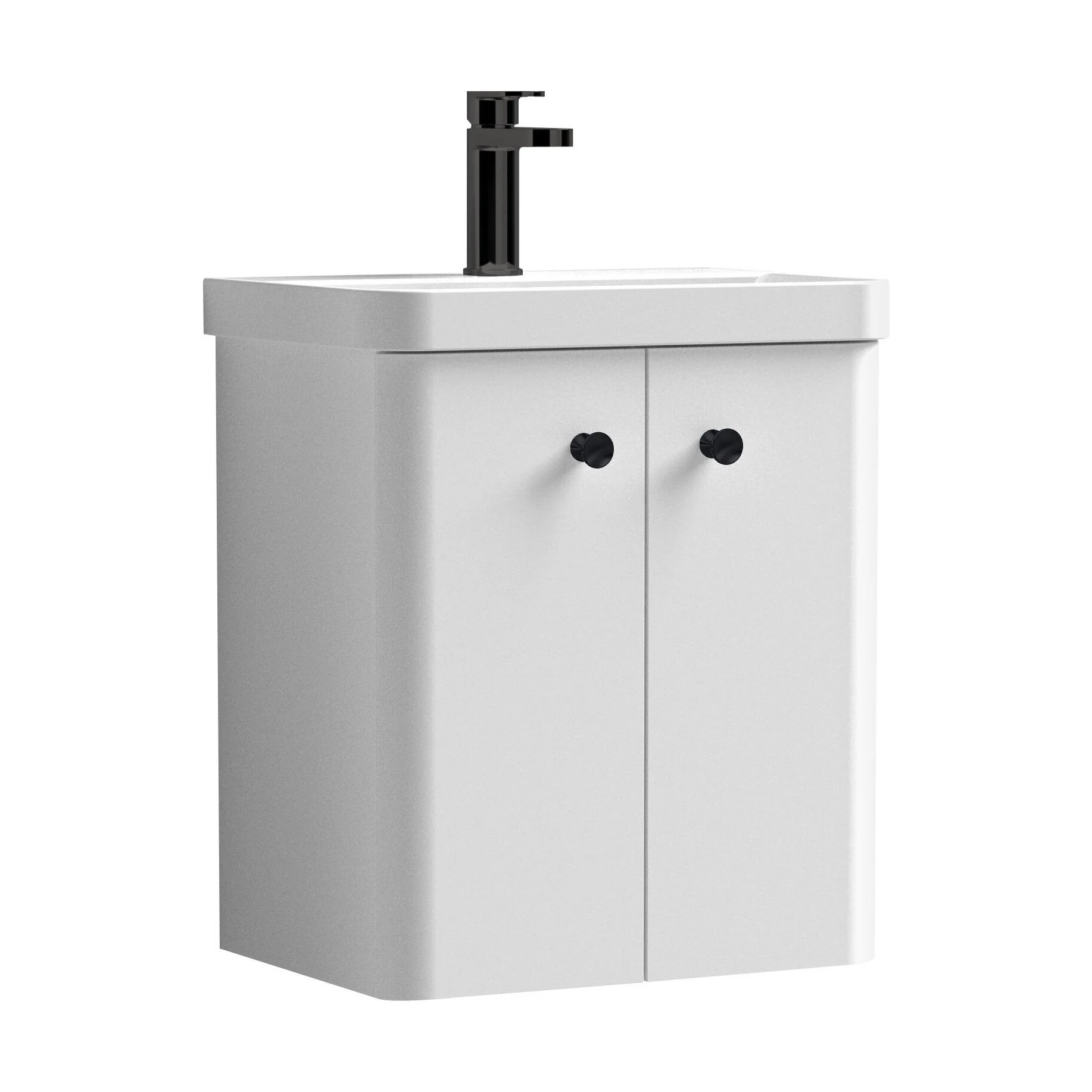 Balterley Curve Modern Bathroom Wall Hung 2 Door Vanity Unit Basin, Gloss White/Matt Black, 479mm