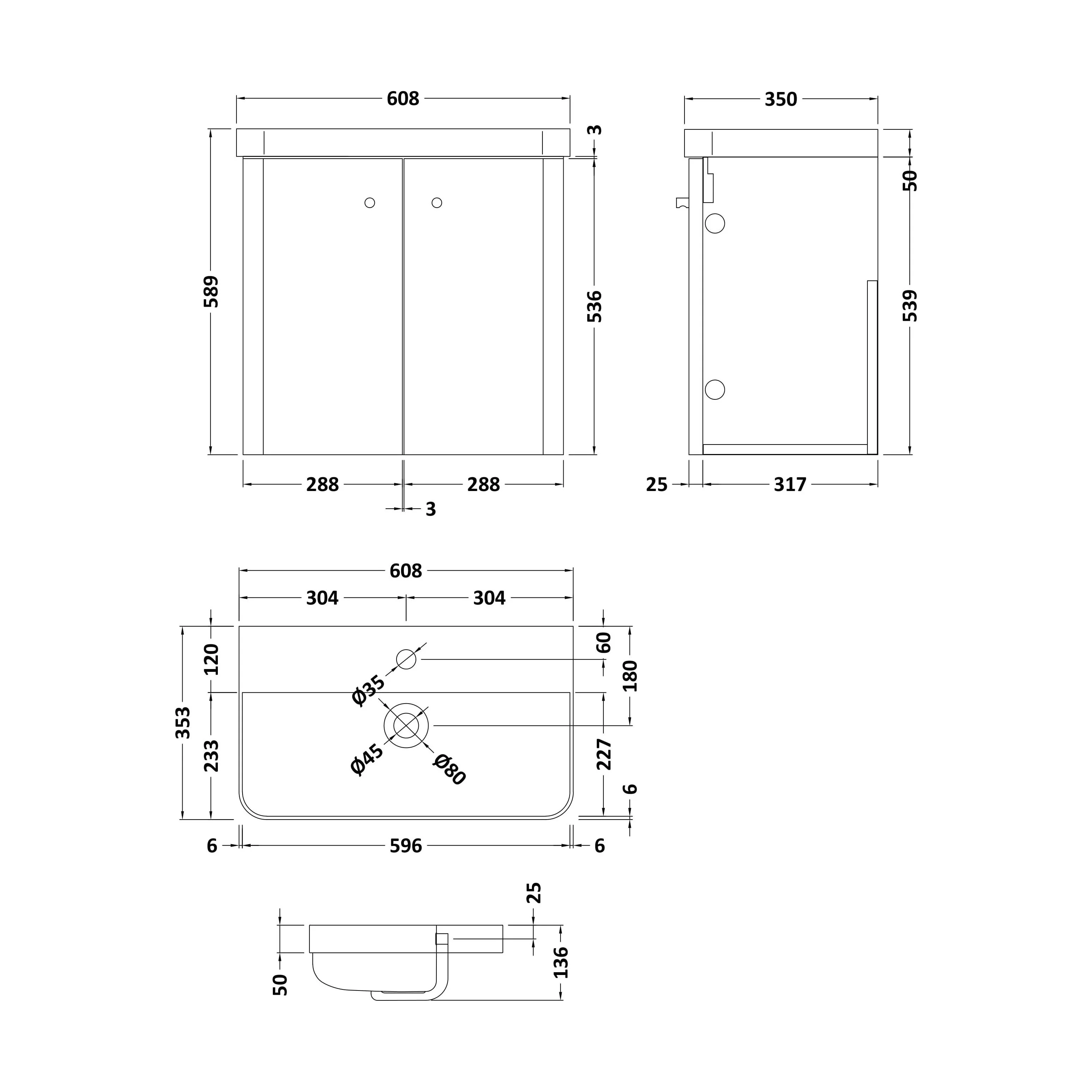 Balterley Curve Modern Bathroom Wall Hung 2 Door Vanity Unit Basin, Gloss White/Chrome, 579mm - Image 2