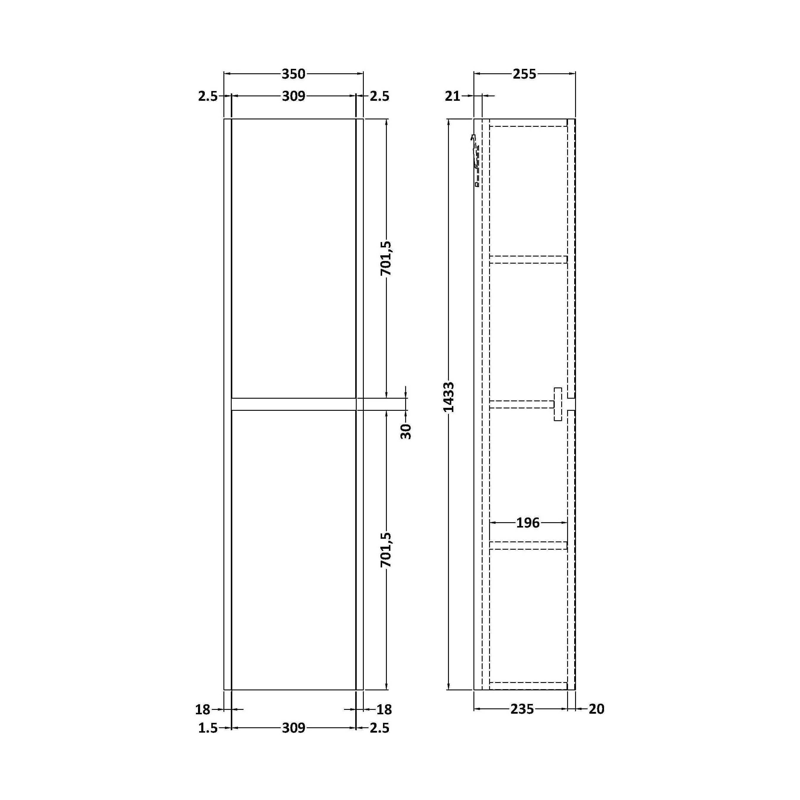 Square Wall Hung 2 Door Tall Bathroom Unit, 350mm - Textured Matt Metallic Slate - Image 2