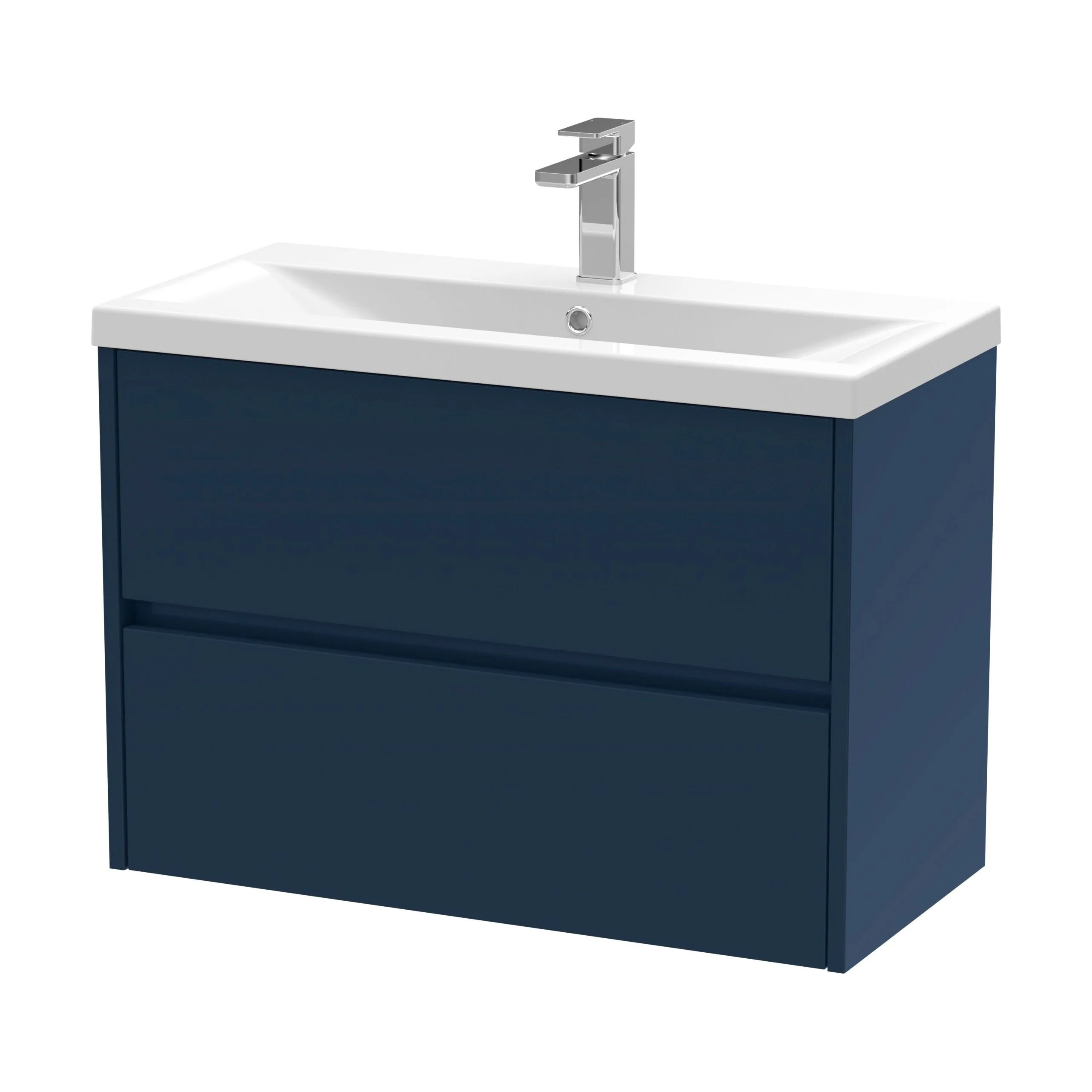 Square Wall Hung 2 Drawer Vanity Unit & Ceramic Basin, 800mm - Midnight Blue