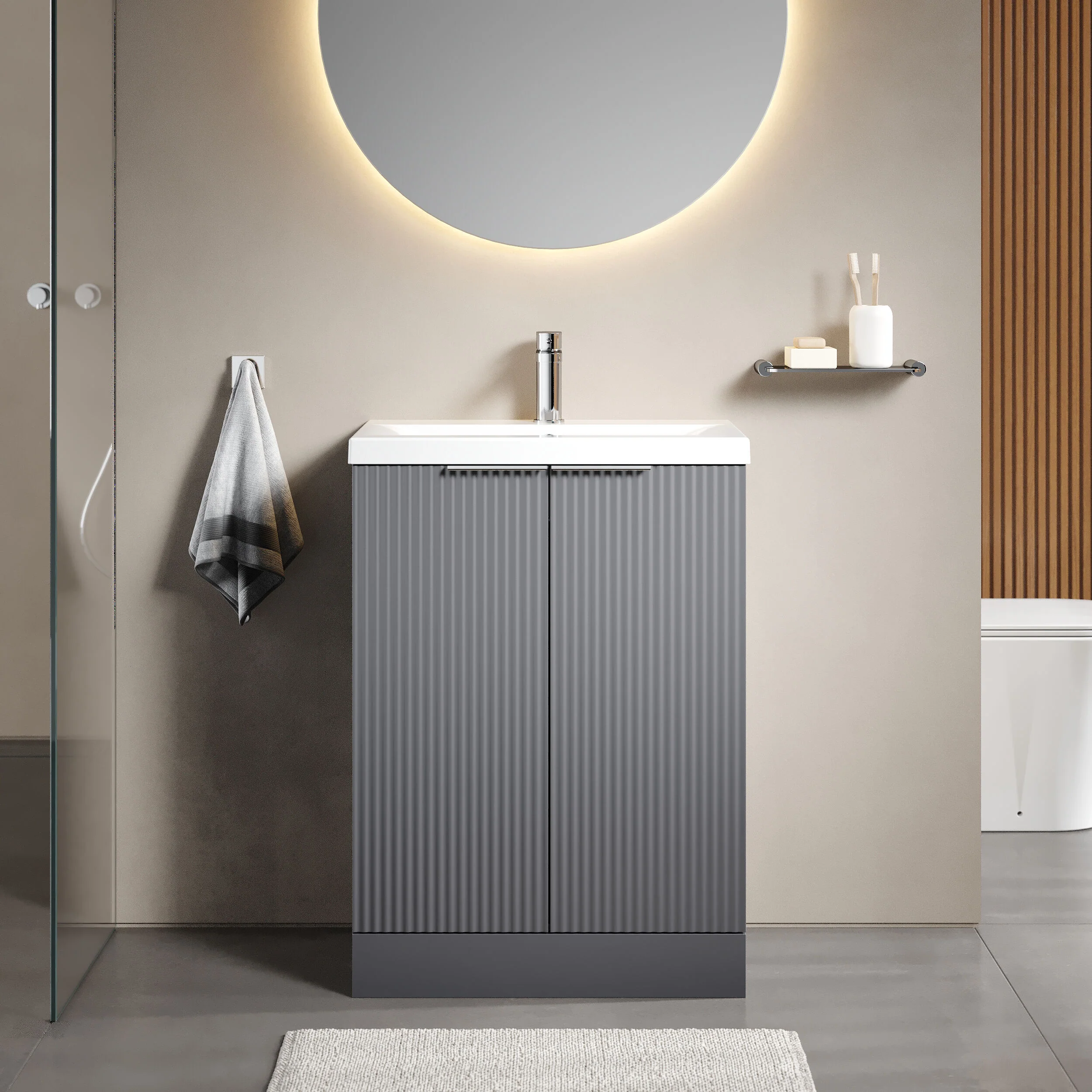 Balterley Fluted Front Floor Standing 2 Door Vanity Basin Unit with Ceramic Basin 600mm - Satin Grey - Image 2