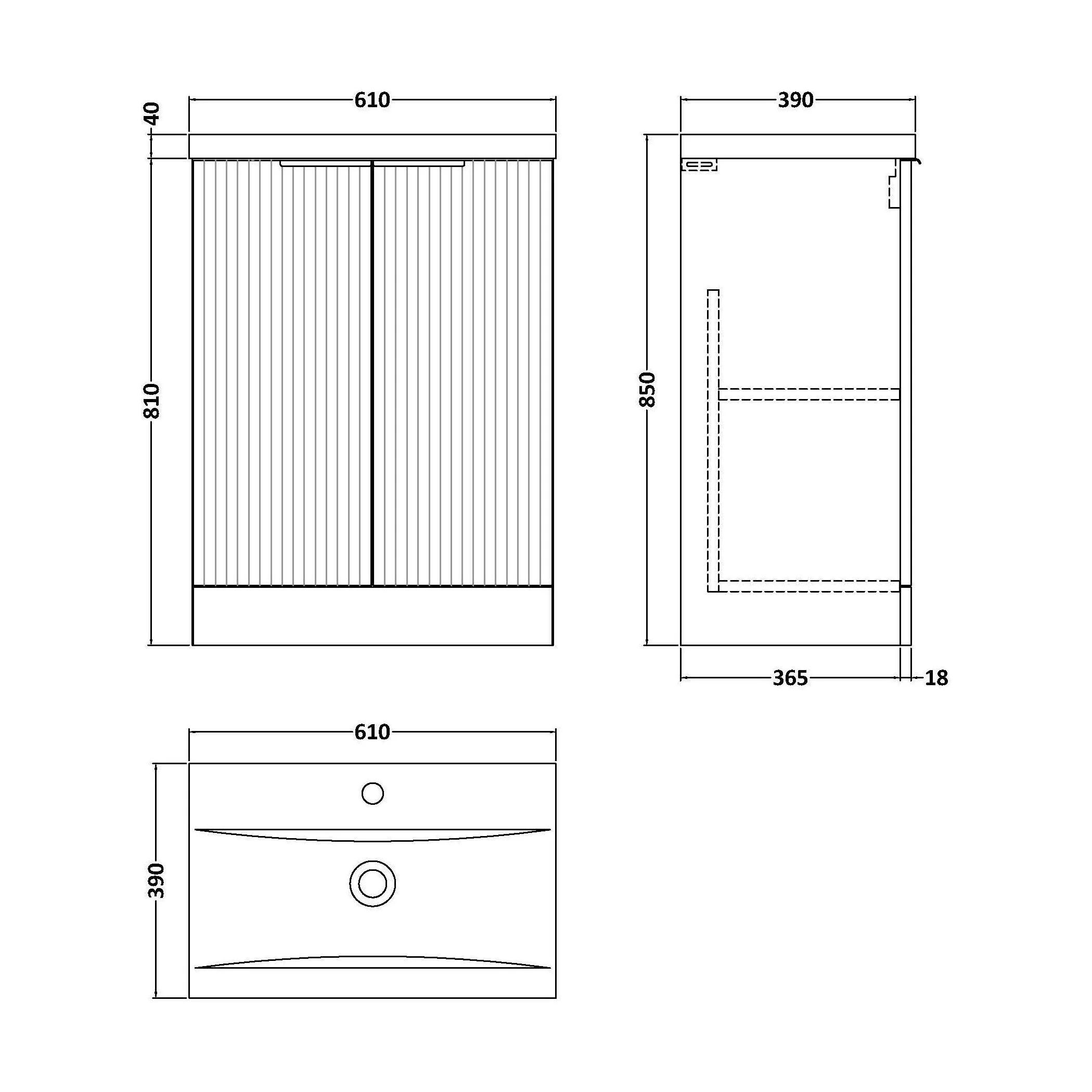Balterley Fluted Front Floor Standing 2 Door Vanity Basin Unit with Ceramic Basin 600mm - Satin Grey - Image 6