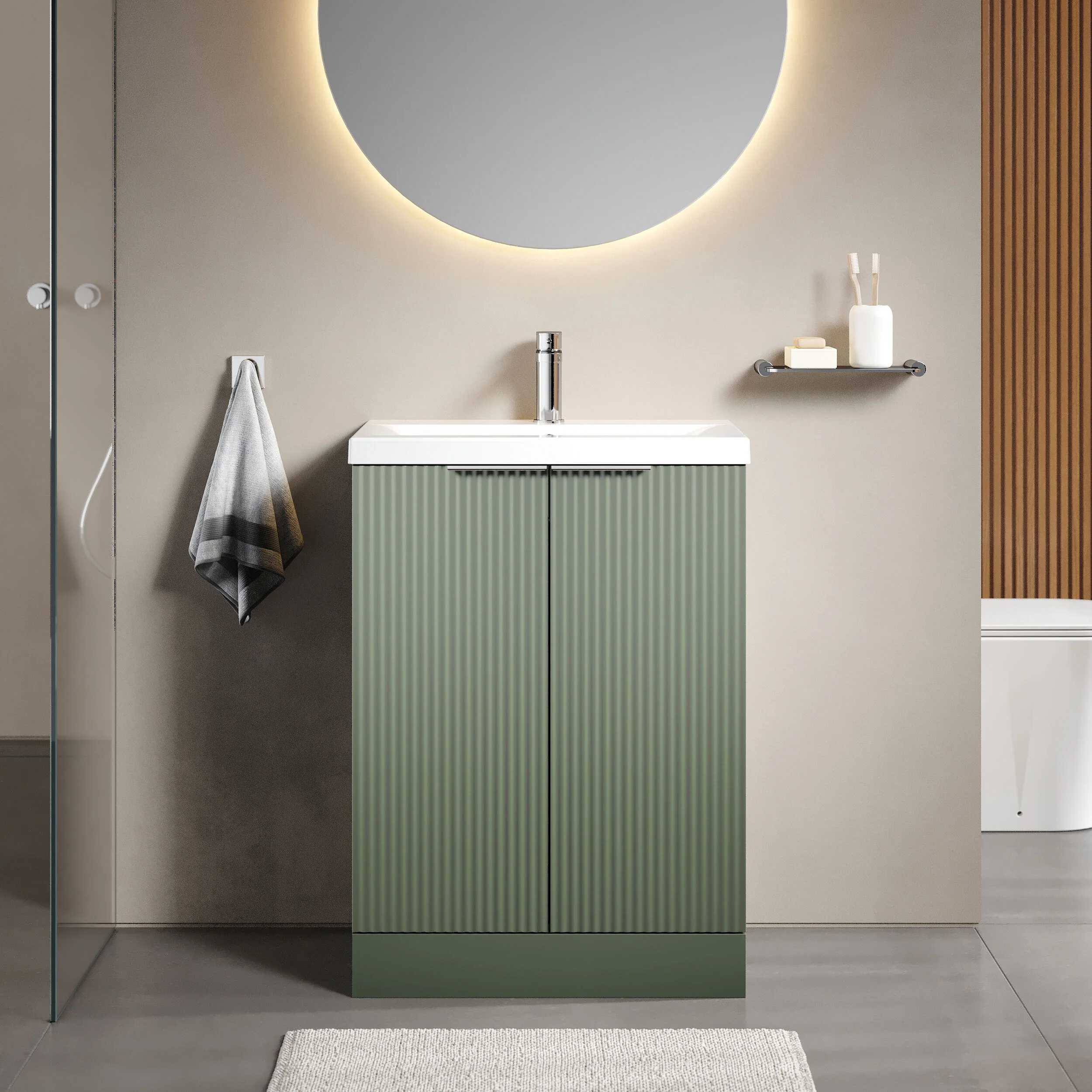 Balterley Fluted Front Floor Standing 2 Door Vanity Basin Unit with Ceramic Basin 600mm - Satin Green - Image 2
