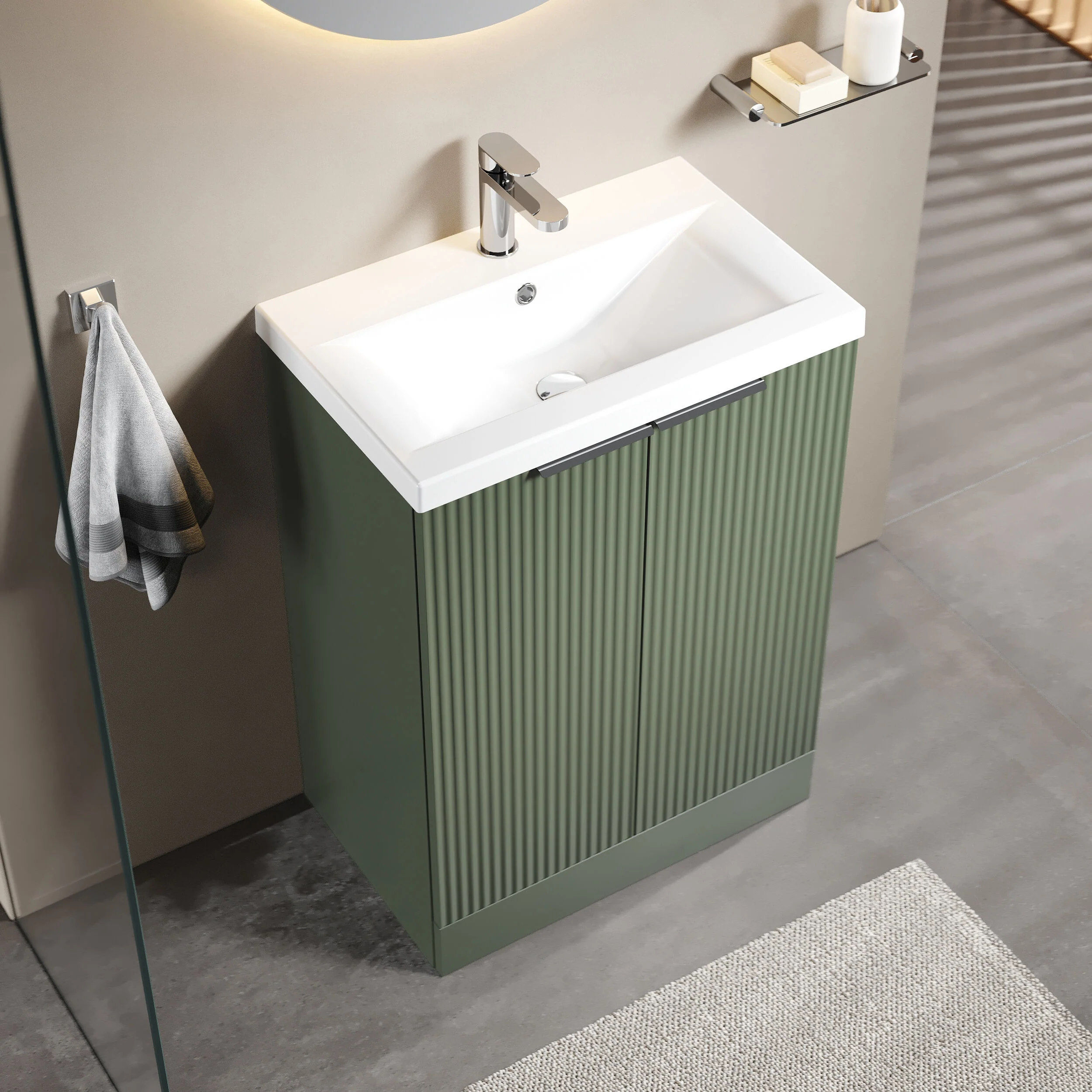 Balterley Fluted Front Floor Standing 2 Door Vanity Basin Unit with Ceramic Basin 600mm - Satin Green - Image 3