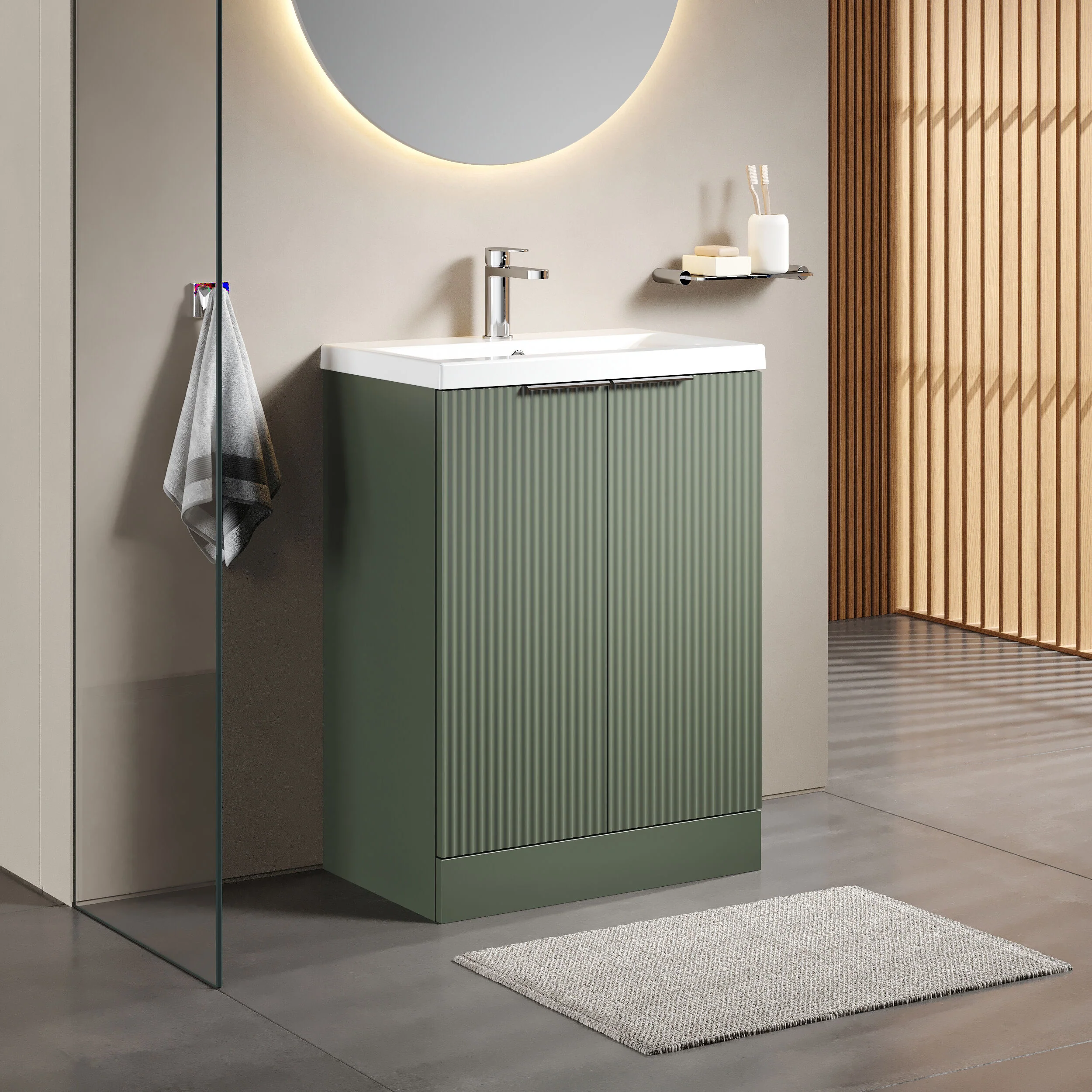 Balterley Fluted Front Floor Standing 2 Door Vanity Basin Unit with Ceramic Basin 600mm - Satin Green - Image 4