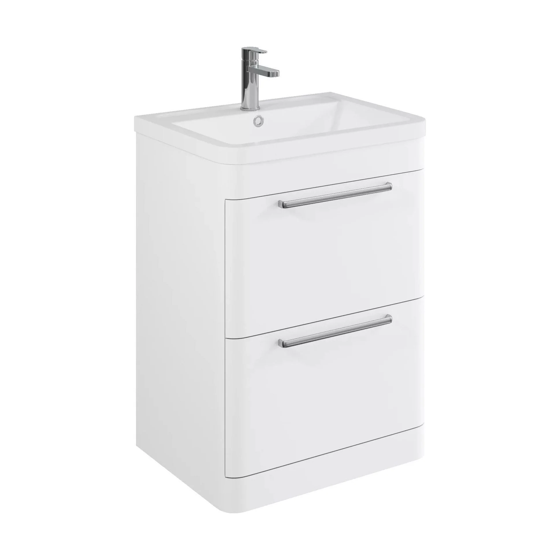 Balterley Contemporary Bathroom Floor Standing Vanity Unit with 2 Soft Close Drawers & 1 Tap Hole Ceramic Basin, Gloss White 600mm