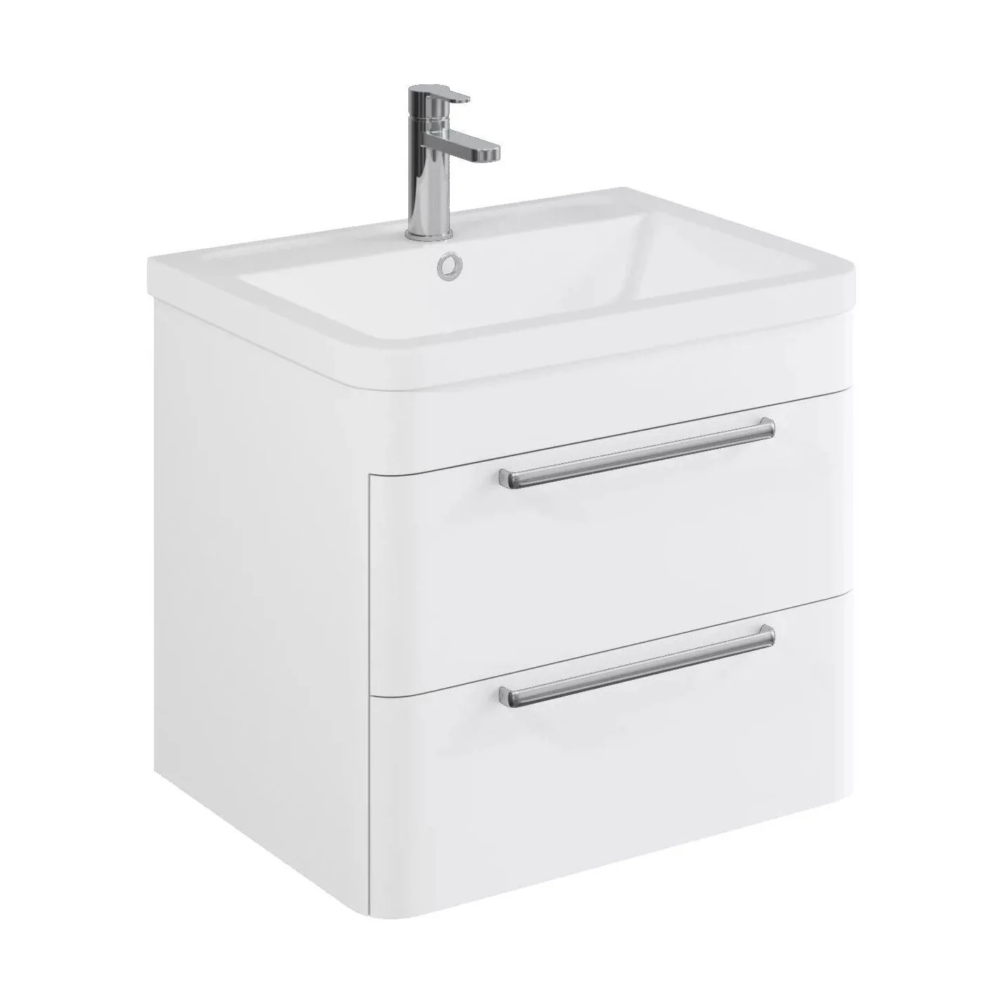 Balterley Contemporary Bathroom Wall Hung Vanity Unit with 2 Soft Close Drawers & 1 Tap Hole Polymarble Basin, Gloss White, 600mm