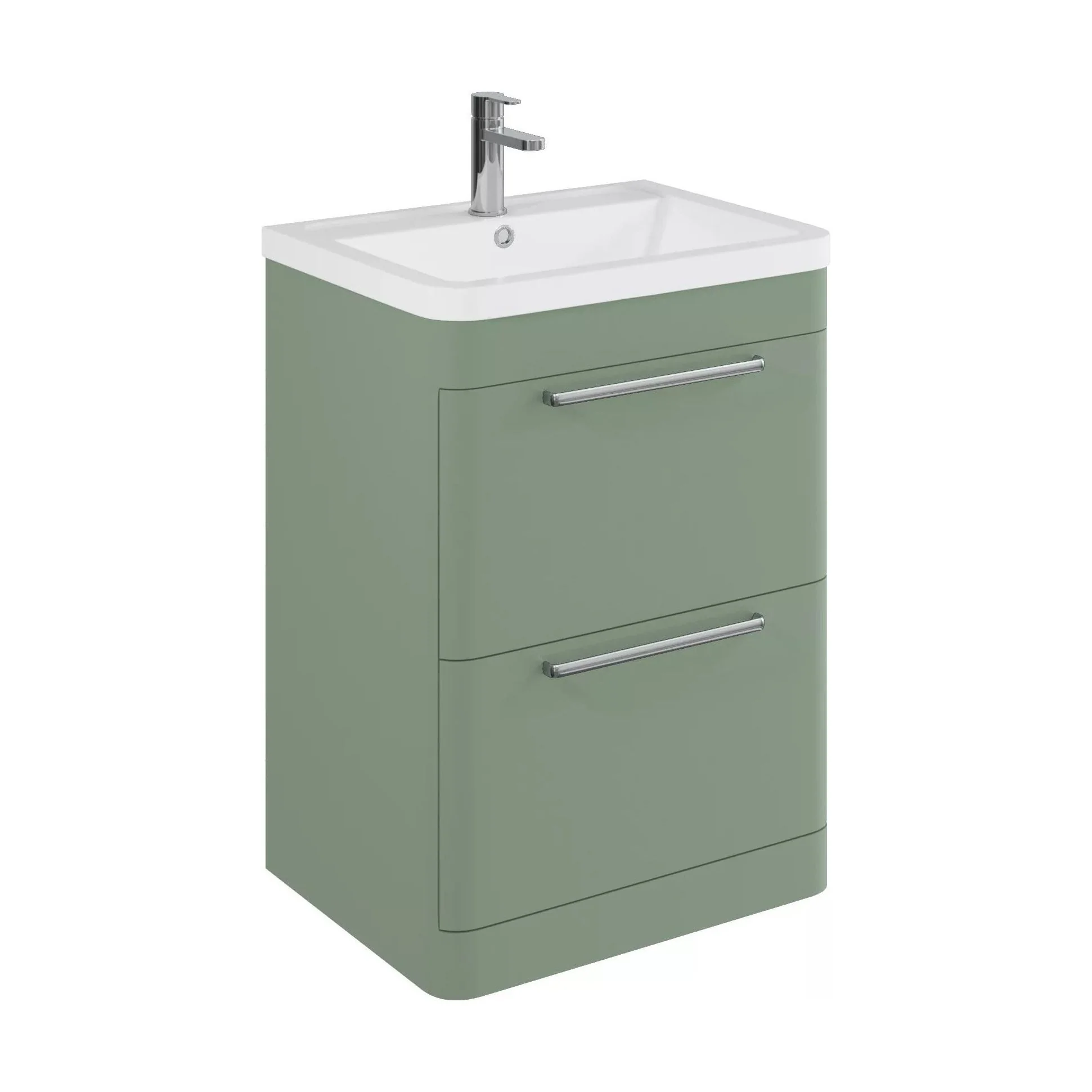Balterley Contemporary Bathroom Floor Standing Vanity Unit with 2 Soft Close Drawers & 1 Tap Hole Ceramic Basin, Satin Green 600mm